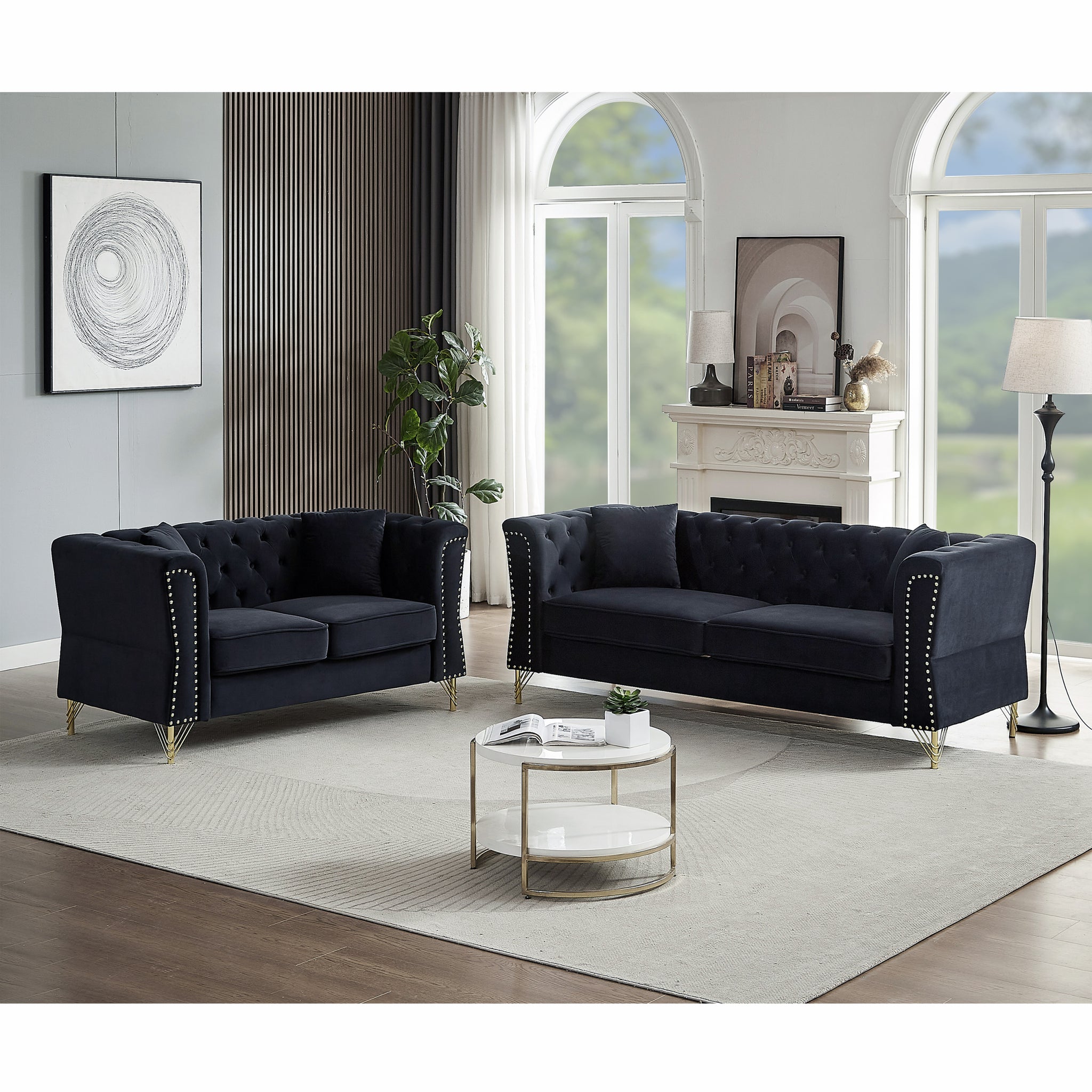3 Seater 2 Seater Combination Sofa Tufted Couch With Rolled Arms And For Living Room, Bedroom, Office, Apartment, Four Pillows Black Foam Velvet