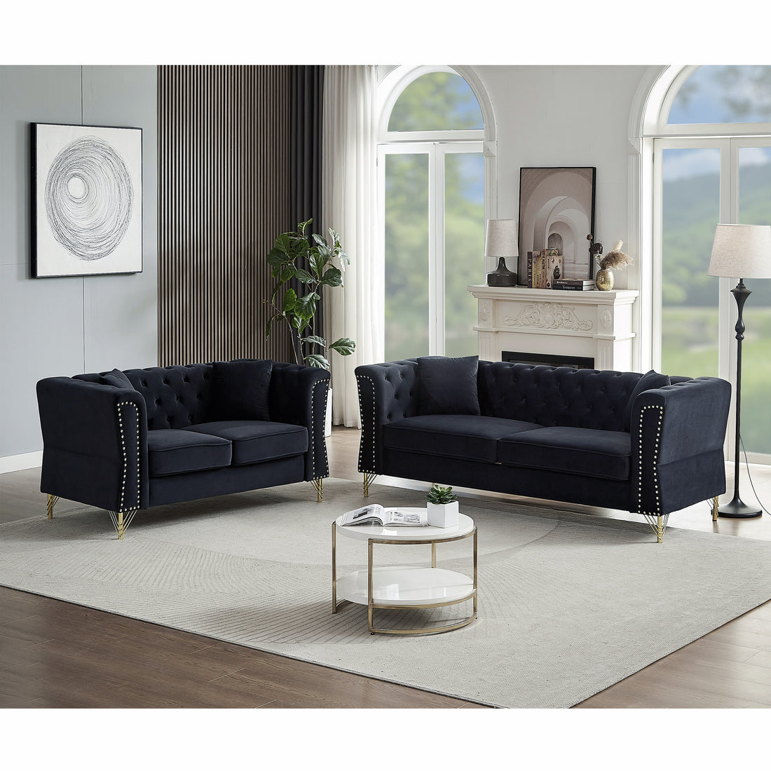 3 Seater 2 Seater Combination Sofa Tufted Couch With Rolled Arms And For Living Room, Bedroom, Office, Apartment, Four Pillows Black Foam Velvet