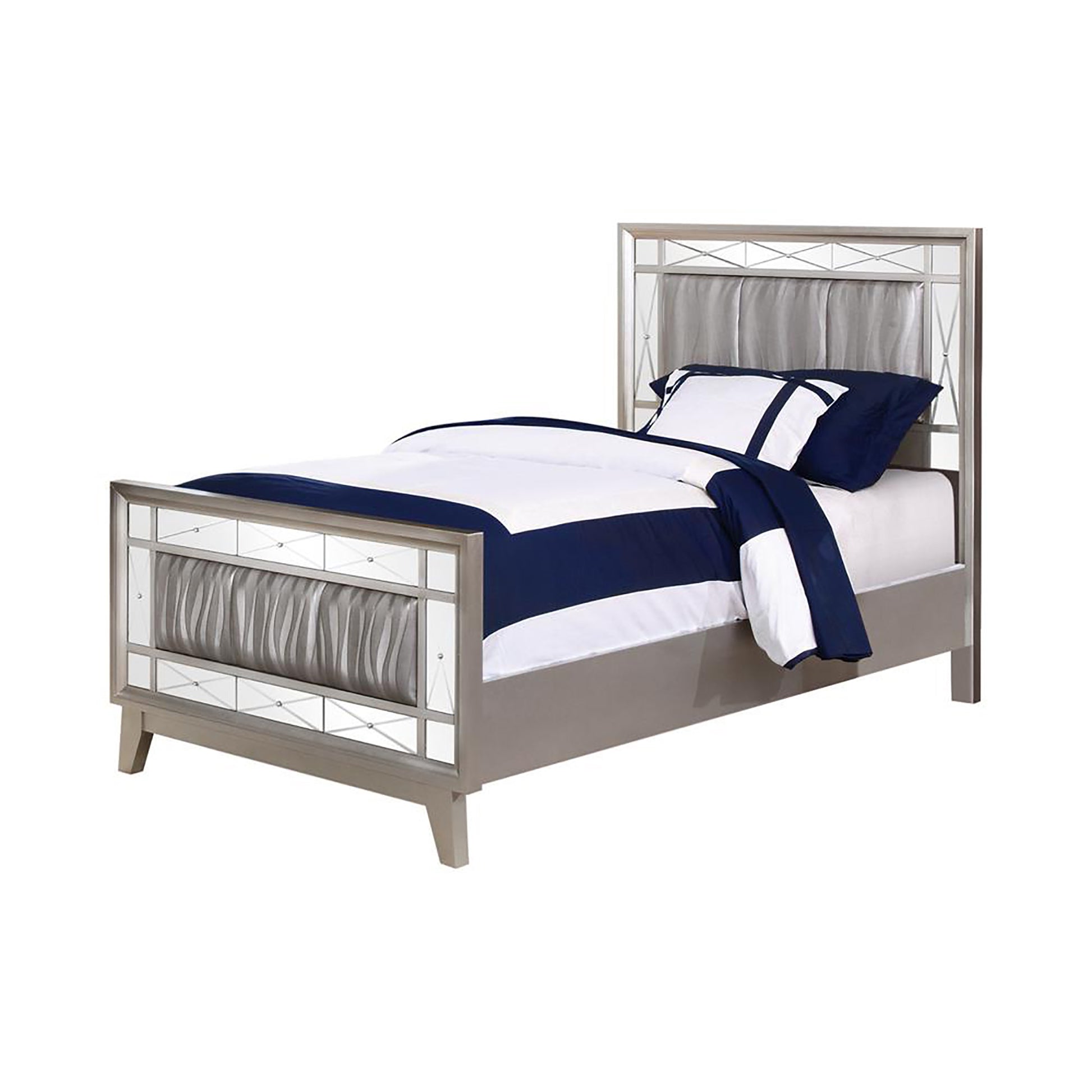 Metallic Twin Mercury Bed Twin Silver Wood Bedroom Glam Kids Faux Leather Wood