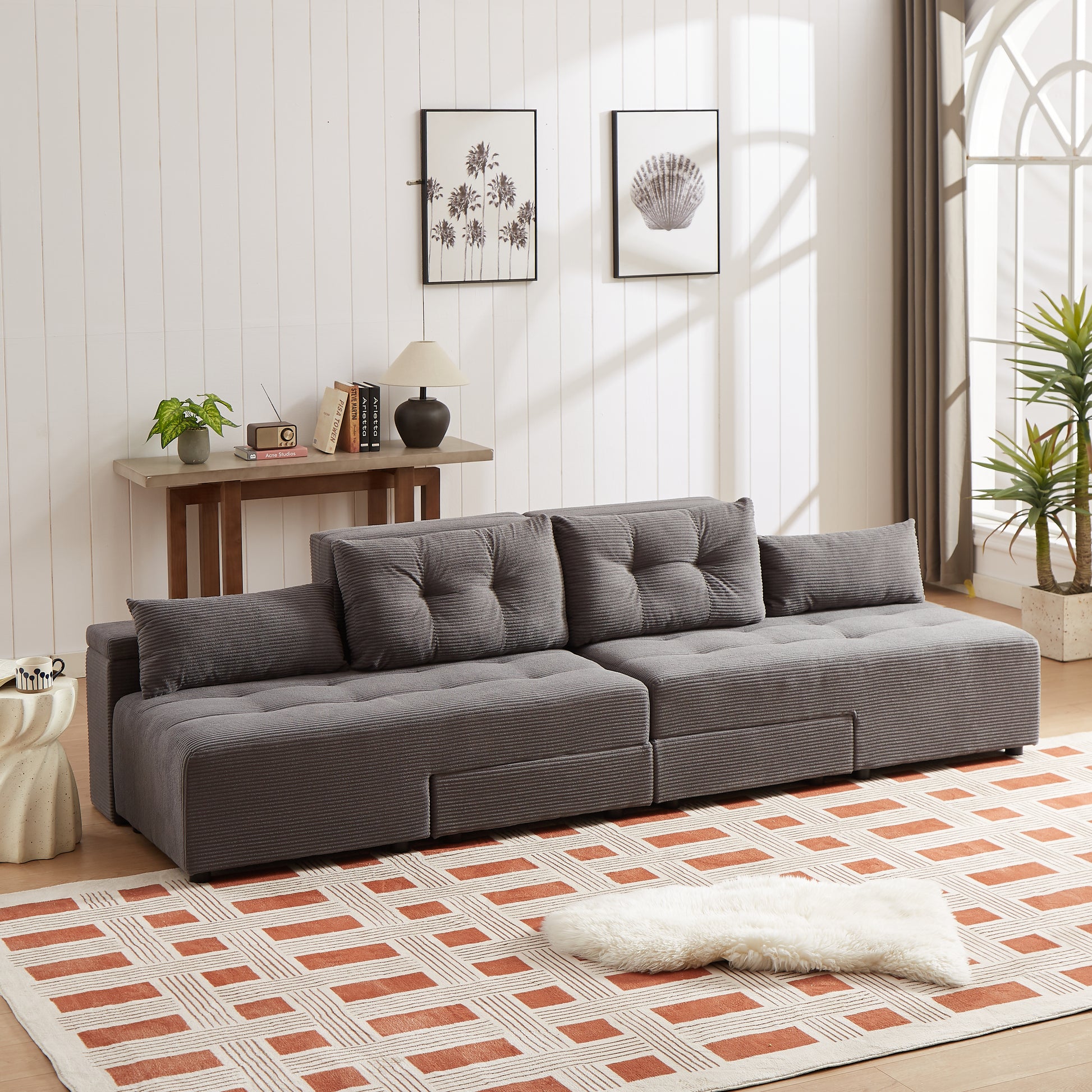 Convertible 3 In 1 Sleeper Sofa And Sectional Sofa With 4 Storage Space For Living Room,Corduroy Couch With 4 Pillows,Corduroy Grey Corduroy 3 Seat