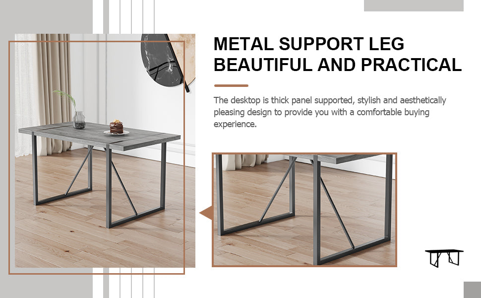 Industrial Rectangular Mdf Material Gray Dining Table With Texture, Equipped With A 1.57 Inch Thick Tabletop And Black Metal Legs, Used For Writing Desks, Kitchen Terraces, Dining Rooms 1529 Grey Mdf