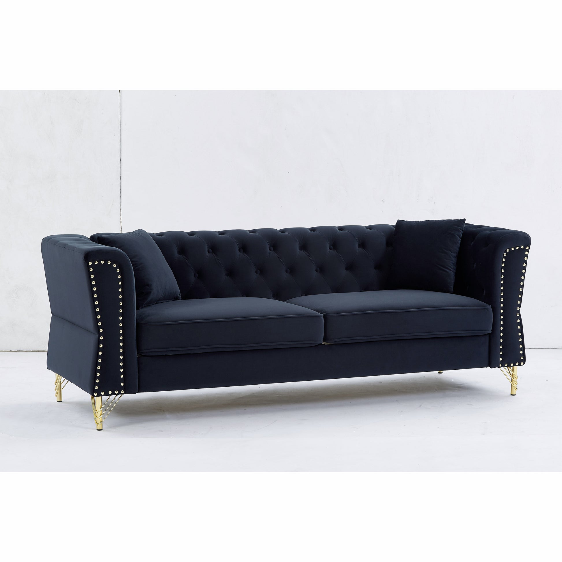 3 Seater 2 Seater Combination Sofa Tufted Couch With Rolled Arms And For Living Room, Bedroom, Office, Apartment, Four Pillows Black Foam Velvet