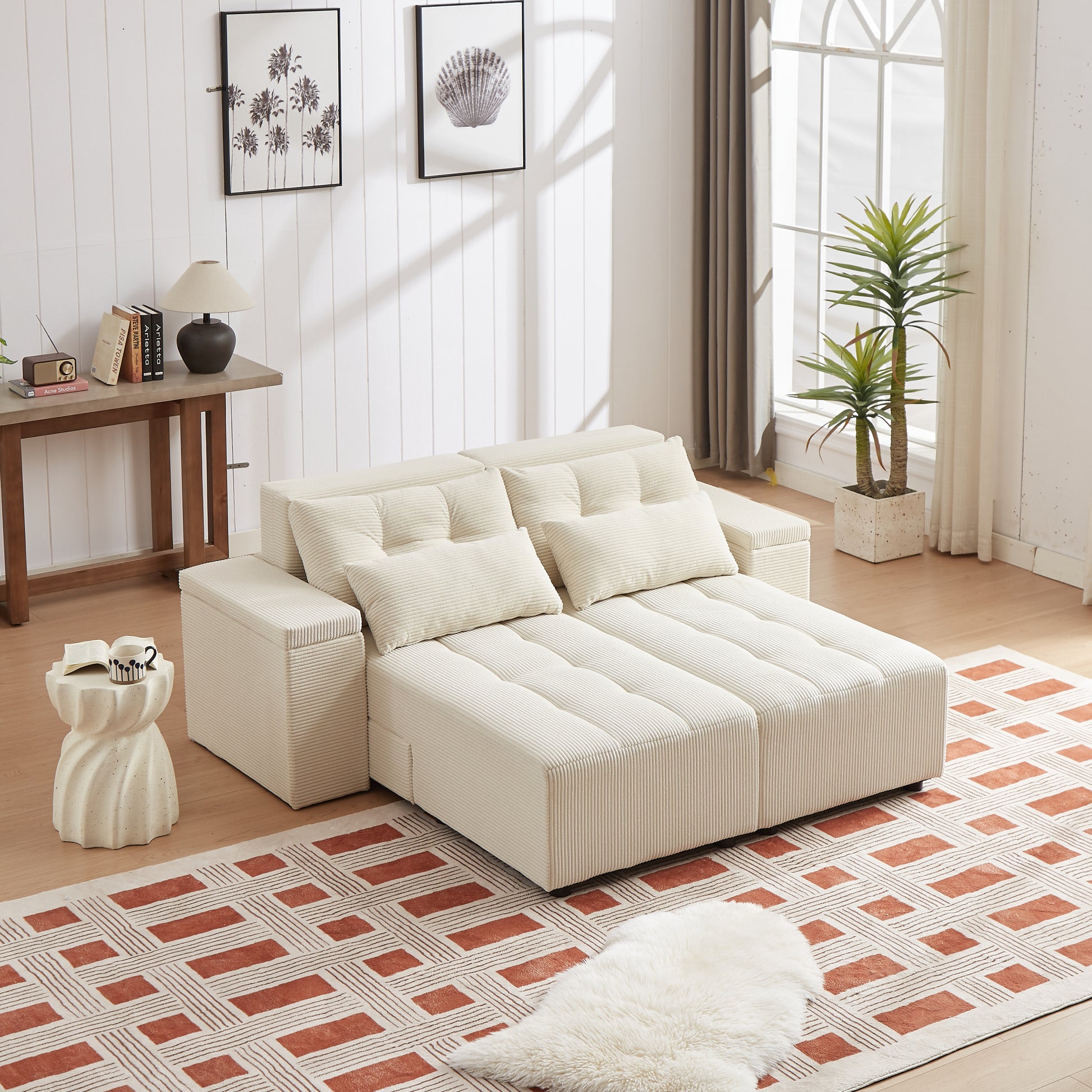 Convertible 3 In 1 Sleeper Sofa And Sectional Sofa With 4 Storage Space For Living Room,Corduroy Couch With 4 Pillows,Corduroy Beige Corduroy 3 Seat