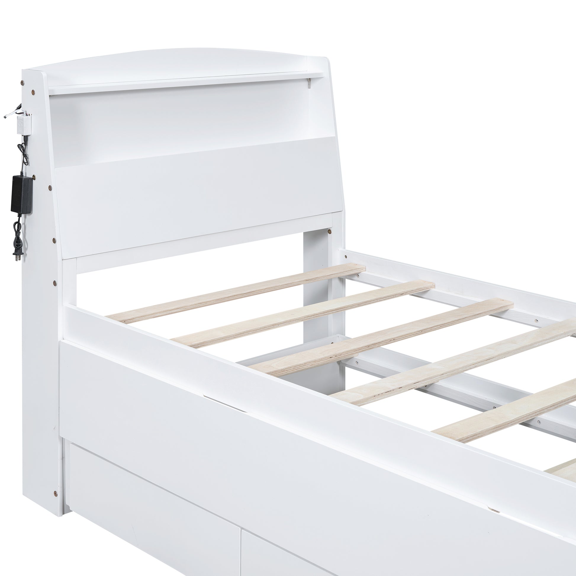 Twin Size Platform Bed With Storage Led Headboard, Twin Size Trundle And 3 Drawers, White Box Spring Not Required Twin White Bedroom Bed Frame Solid Wood Mdf