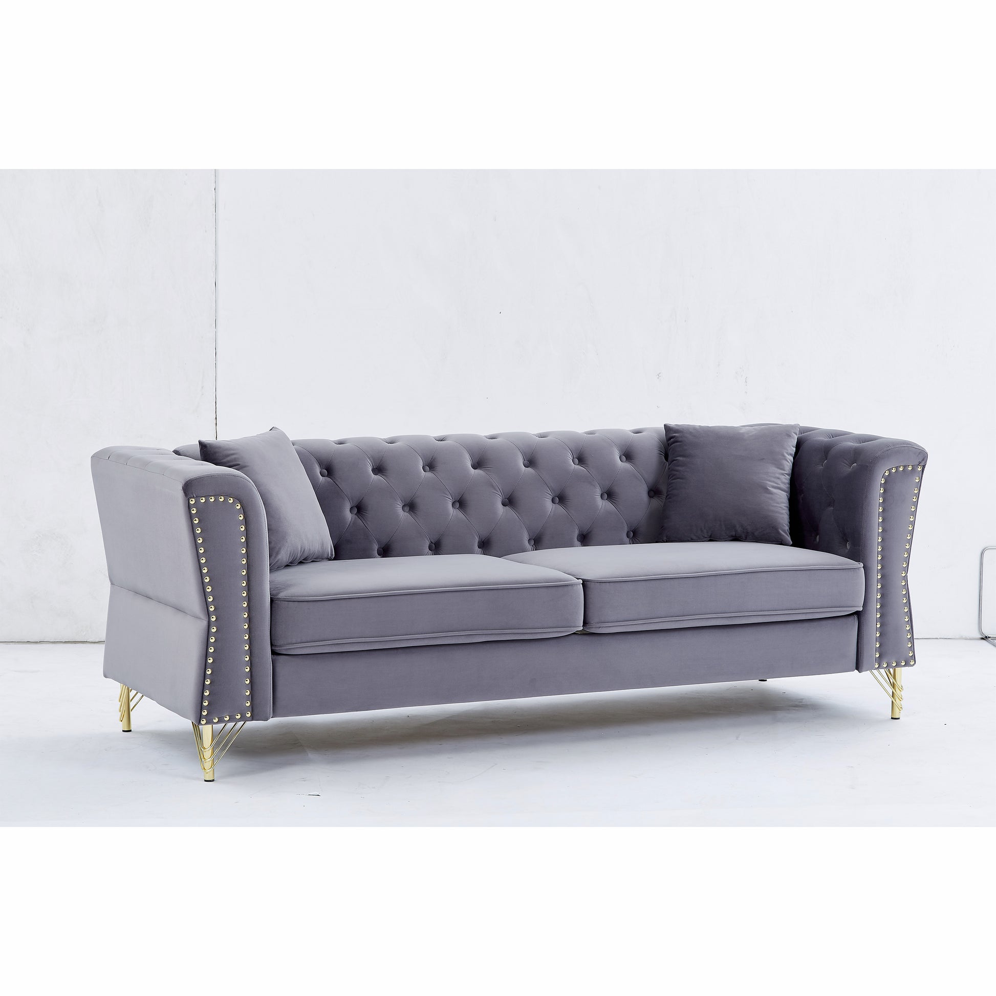 81.8" Chesterfield Sofa Grey Velvet For Living Room, 3 Seater Sofa Tufted Couch With Metal Foot And For Living Room, Bedroom, Office, Apartment, Two Pillows Grey Foam Velvet