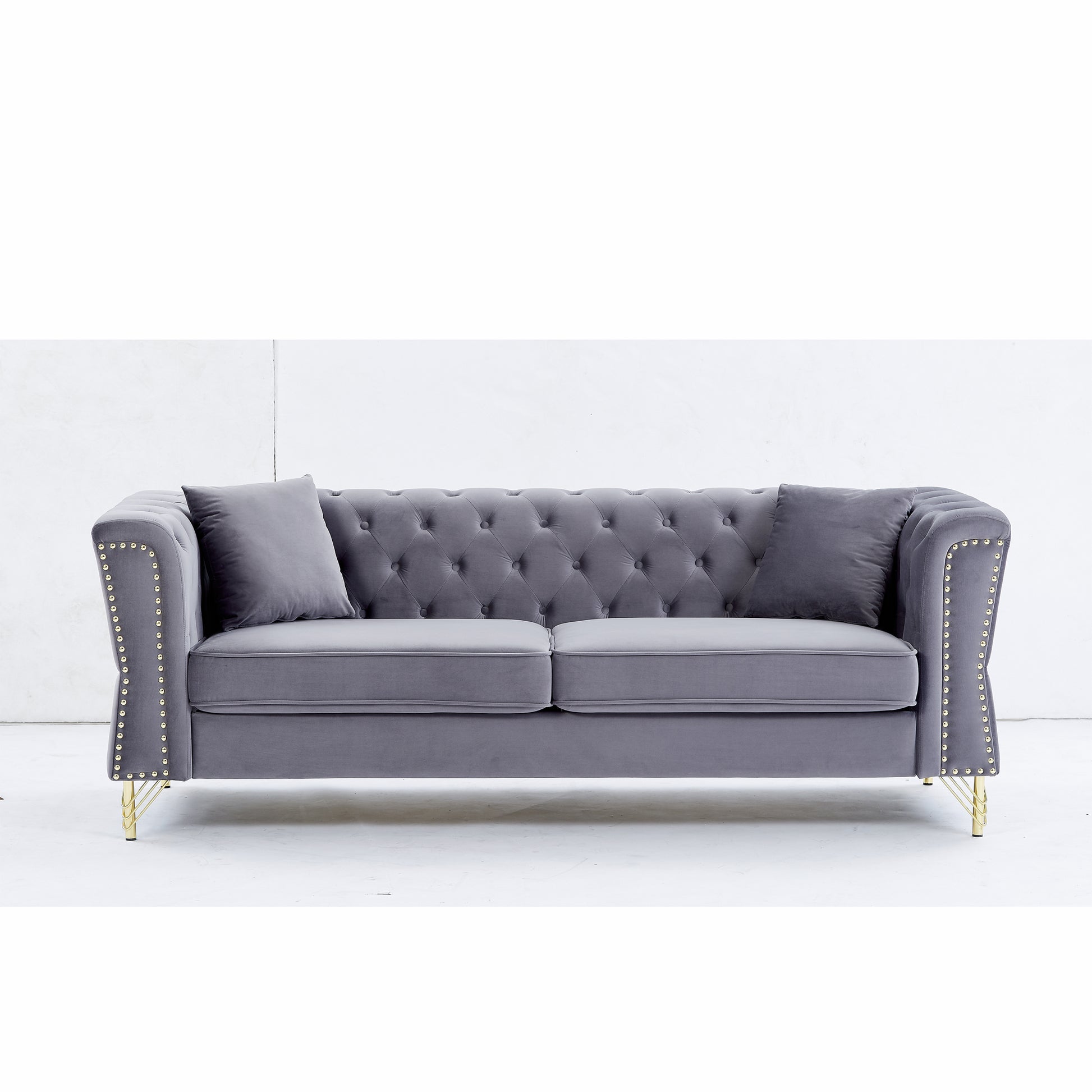 3 Seater 2 Seater Combination Sofa Tufted Couch With Rolled Arms And For Living Room, Bedroom, Office, Apartment, Four Pillows Grey Foam Velvet