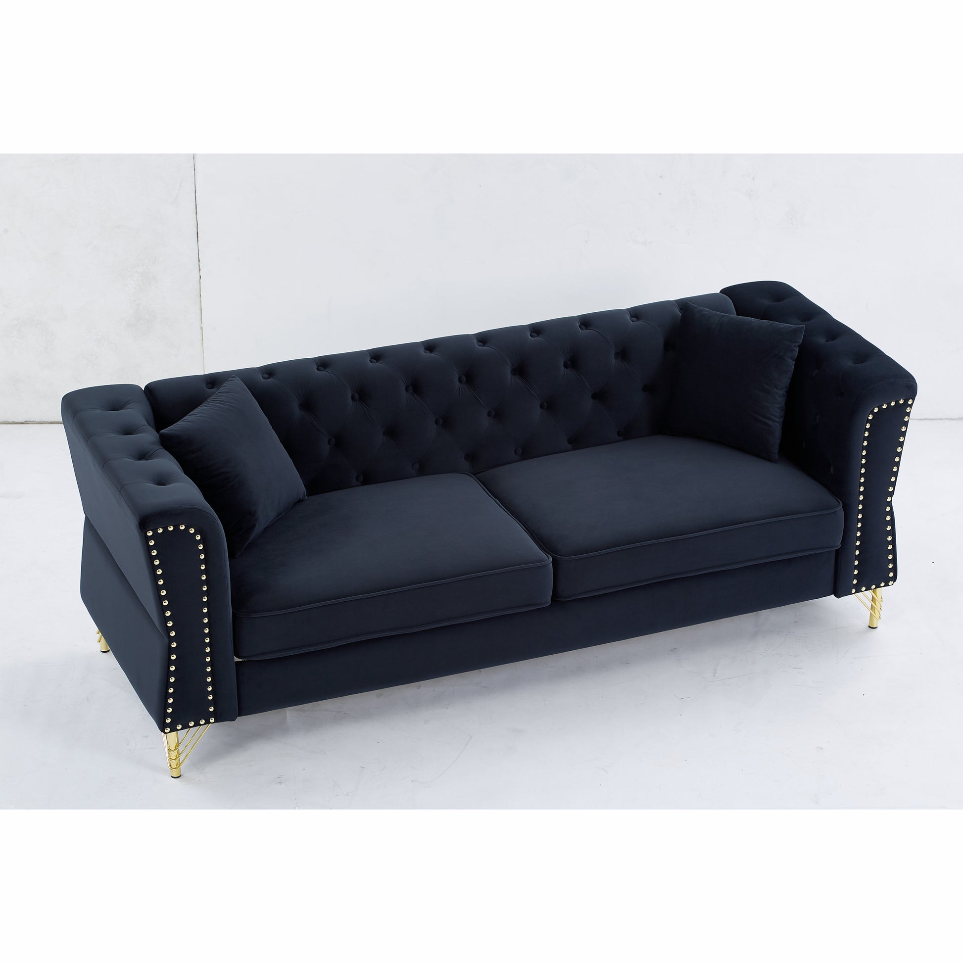 3 Seater 2 Seater Combination Sofa Tufted Couch With Rolled Arms And For Living Room, Bedroom, Office, Apartment, Four Pillows Black Foam Velvet
