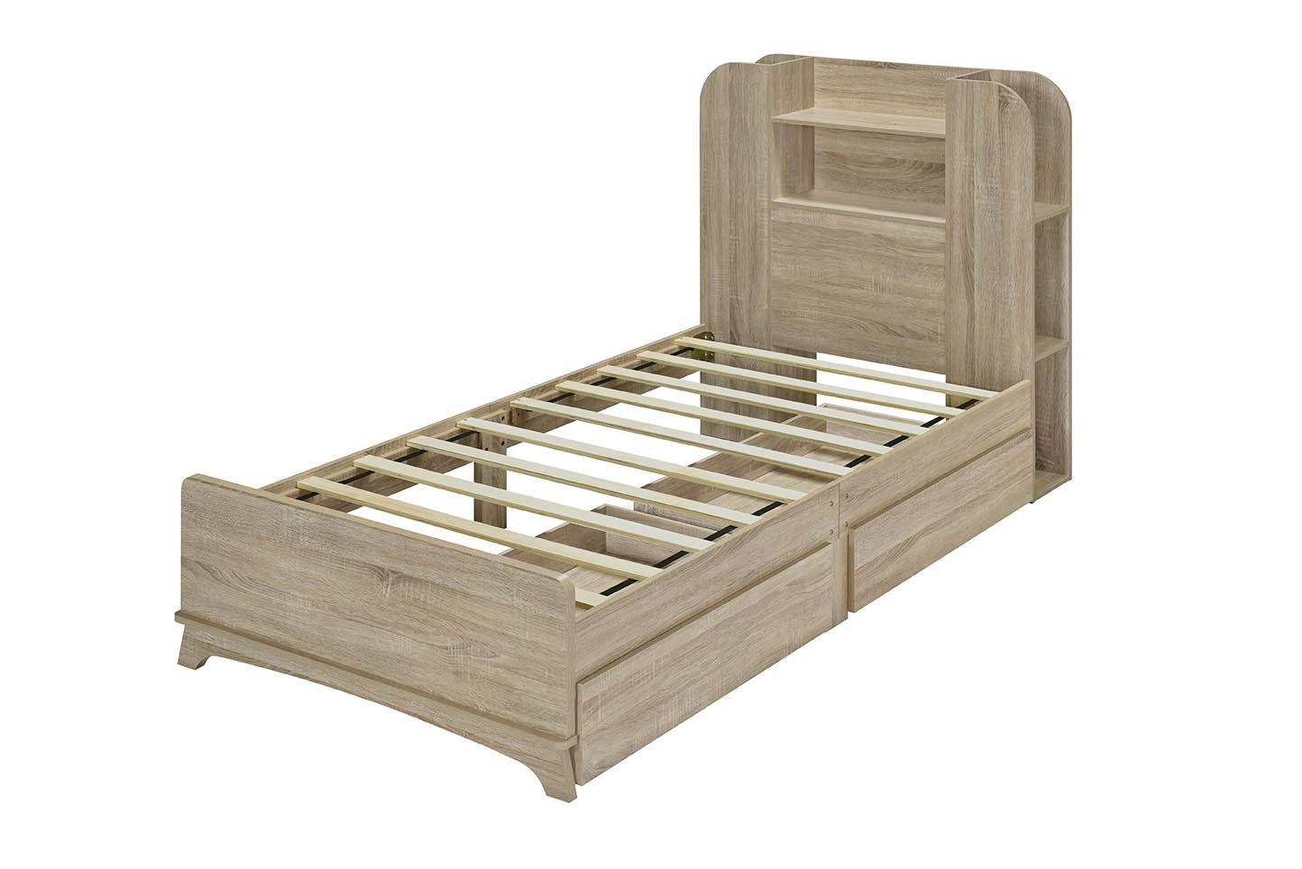 Twin Size Storage Platform Bed Frame With With Two Drawers And Light Strip Design In Headboard,Oak Twin Natural Solid Wood Mdf