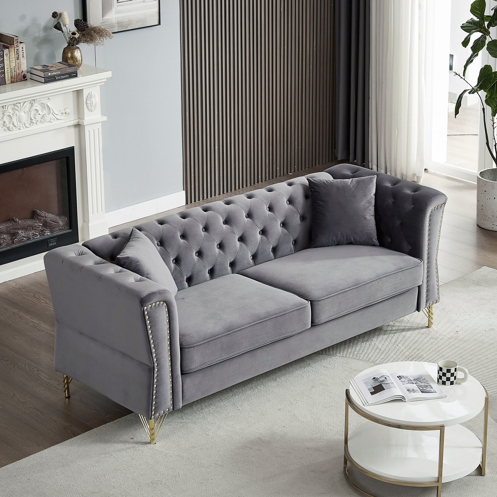 3 Seater 2 Seater Combination Sofa Tufted Couch With Rolled Arms And For Living Room, Bedroom, Office, Apartment, Four Pillows Grey Foam Velvet