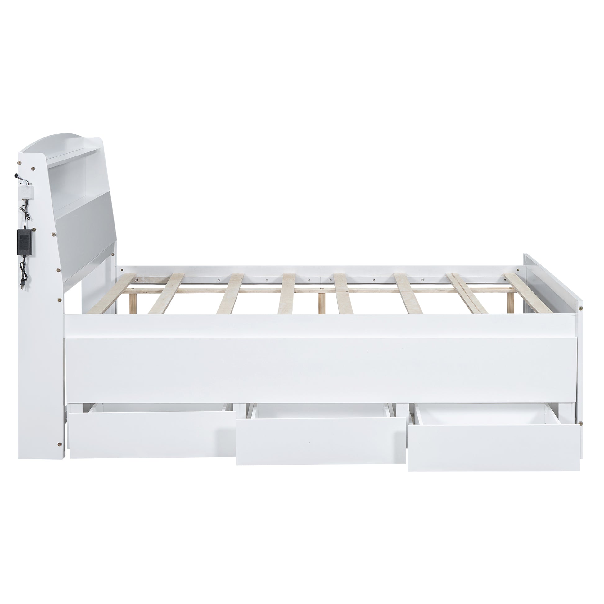 Full Size Platform Bed With Storage Led Headboard, Twin Size Trundle And 3 Drawers, White Box Spring Not Required Full White Bedroom Bed Frame Solid Wood Mdf