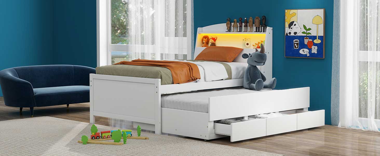 Twin Size Platform Bed With Storage Led Headboard, Twin Size Trundle And 3 Drawers, White Box Spring Not Required Twin White Bedroom Bed Frame Solid Wood Mdf