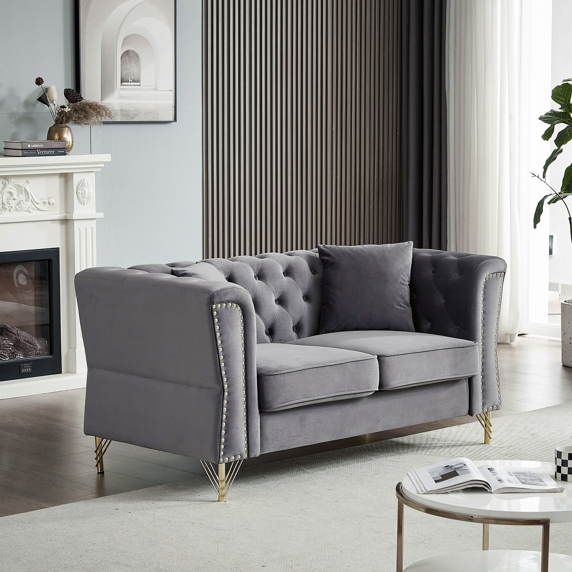 3 Seater 2 Seater Combination Sofa Tufted Couch With Rolled Arms And For Living Room, Bedroom, Office, Apartment, Four Pillows Grey Foam Velvet