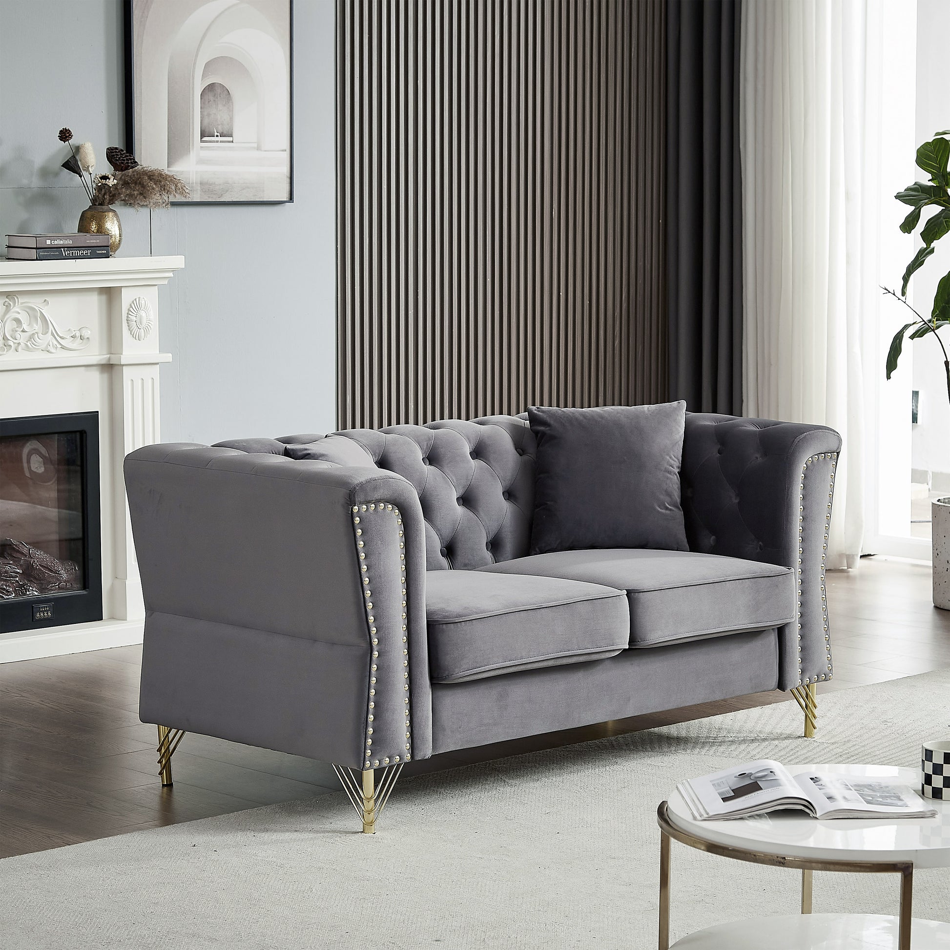 3 Seater 3 Seater Combination Sofa Tufted Couch With Rolled Arms And For Living Room, Bedroom, Office, Apartment, Four Pillows Grey Foam Velvet