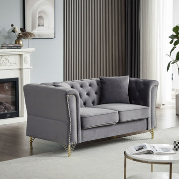 60.2" Chesterfield Sofa Beige Velvet For Living Room, 2 Seater Sofa Tufted Couch With Metal Foot And For Living Room, Bedroom, Office, Apartment, Two Pillows Grey Foam Velvet