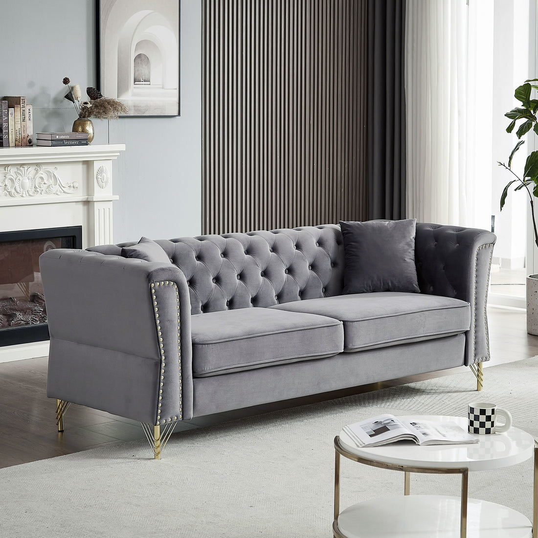 81.8" Chesterfield Sofa Grey Velvet For Living Room, 3 Seater Sofa Tufted Couch With Metal Foot And For Living Room, Bedroom, Office, Apartment, Two Pillows Grey Foam Velvet