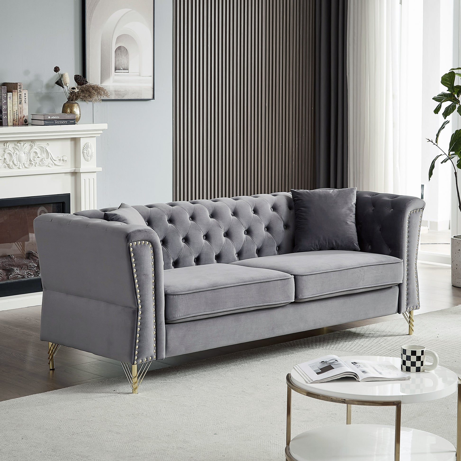 81.8" Chesterfield Sofa Grey Velvet For Living Room, 3 Seater Sofa Tufted Couch With Metal Foot And For Living Room, Bedroom, Office, Apartment, Two Pillows Grey Foam Velvet