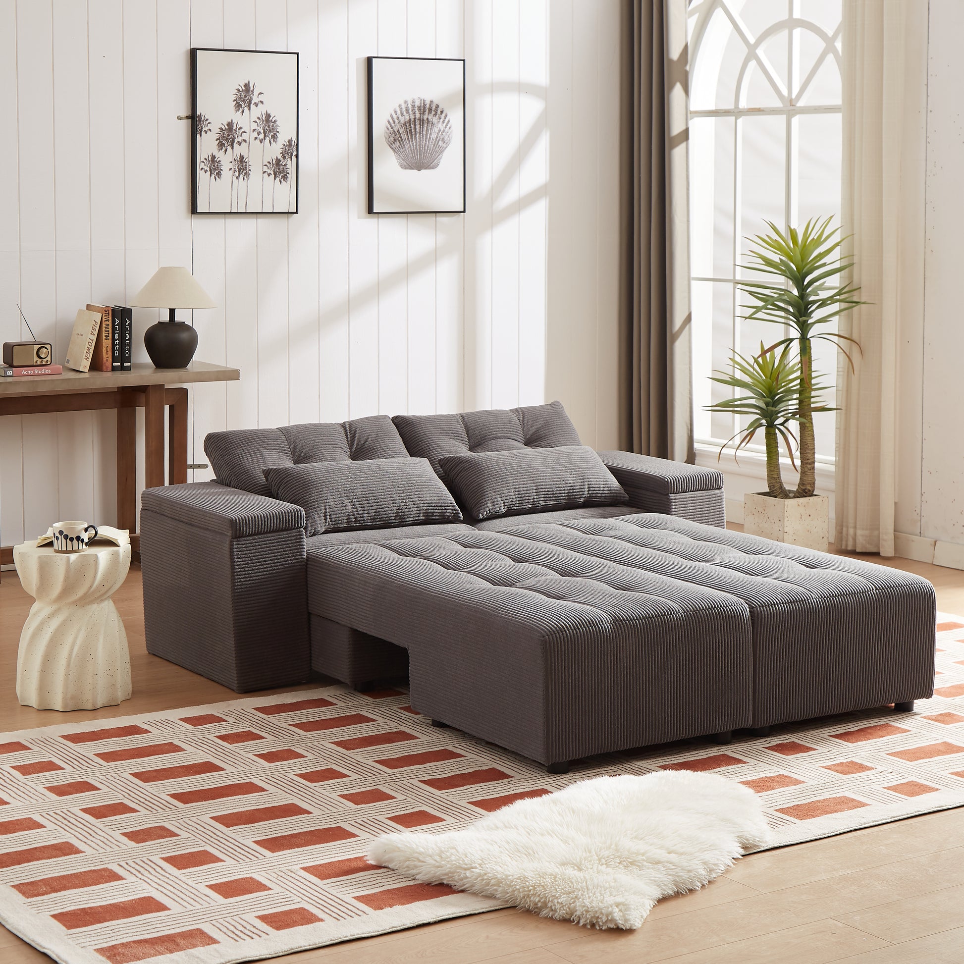 Convertible 3 In 1 Sleeper Sofa And Sectional Sofa With 4 Storage Space For Living Room,Corduroy Couch With 4 Pillows,Corduroy Grey Corduroy 3 Seat