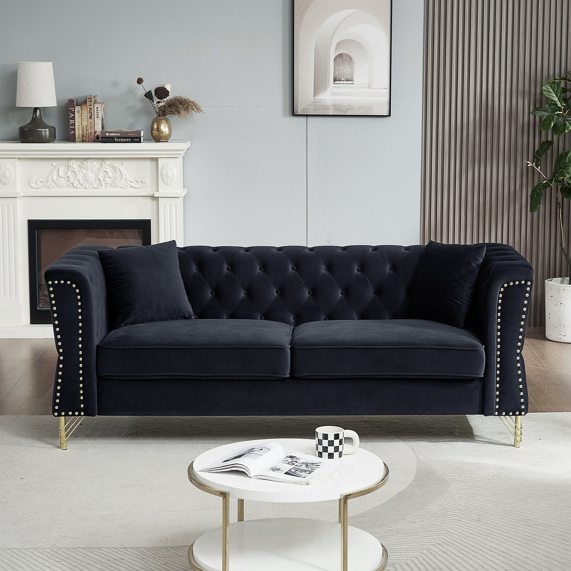 81.8" Chesterfield Sofa Grey Velvet For Living Room, 3 Seater Sofa Tufted Couch With Metal Foot And For Living Room, Bedroom, Office, Apartment, Two Pillows Black Foam Velvet