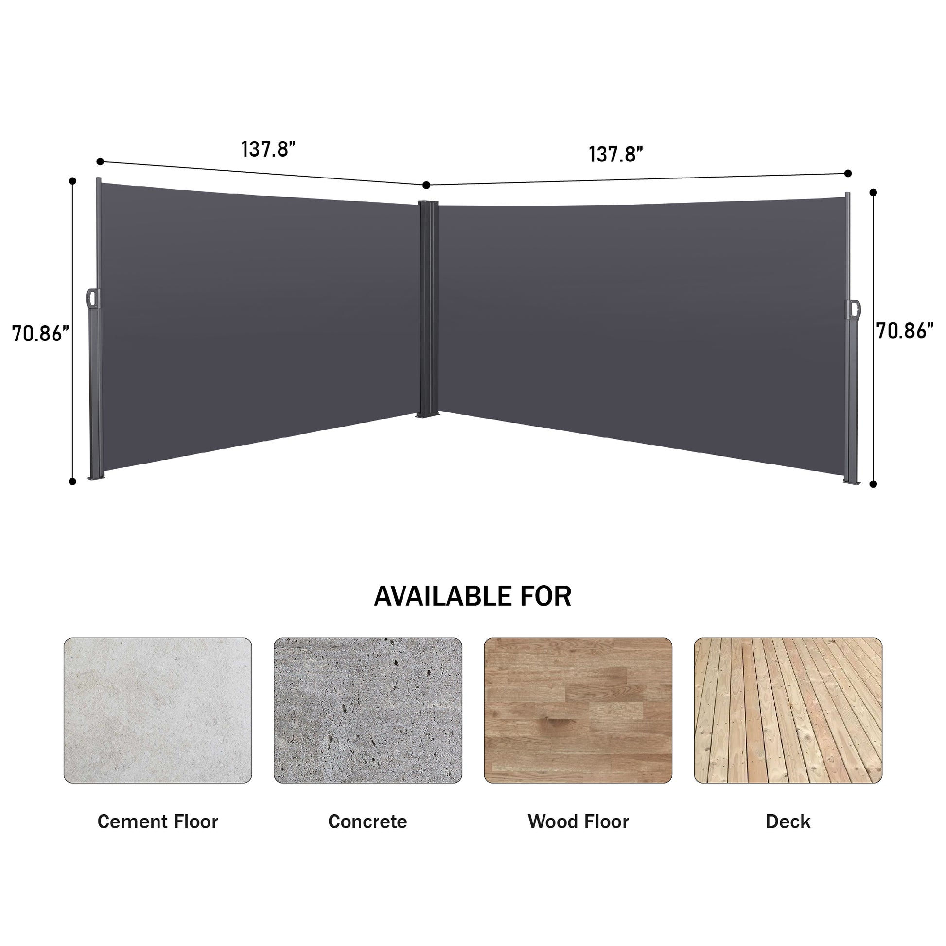 276" X 71''Retractable Side Awning, Waterproof & Uv Resistant, Privacy Screen Divider Roll Up Balcony Grey Grey Rectangular No Foundation Needed Manual Uv Resistant Canopies Polyester Metal