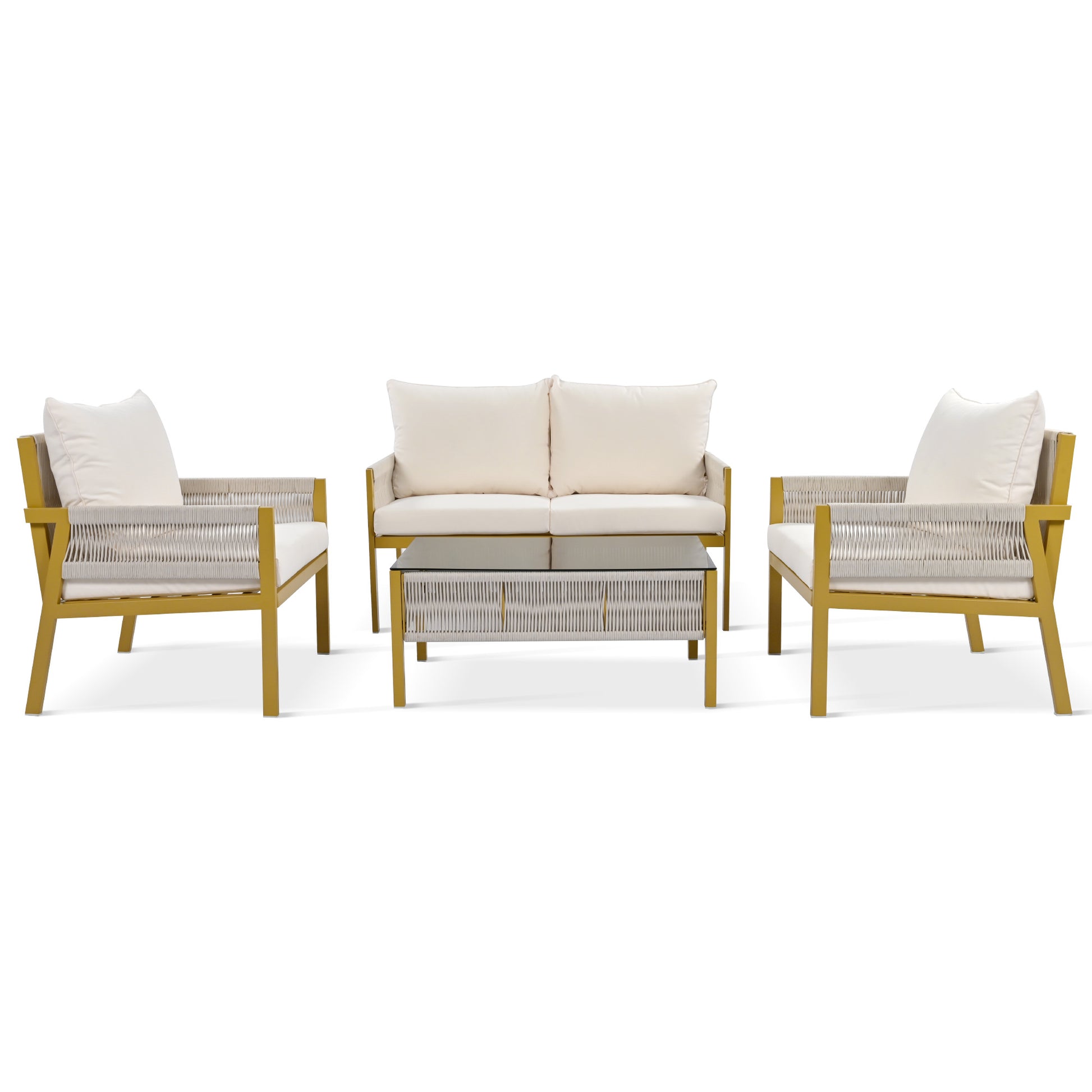 K&K 4 Piece Rope Patio Furniture Set, Outdoor Furniture With Tempered Glass Table, Patio Conversation Set Deep Seating With Thick Cushion For Backyard Porch Balcony Beige&Mustard Yellow Yes Complete Patio Set Beige Yellow Weather Resistant Frame Fade