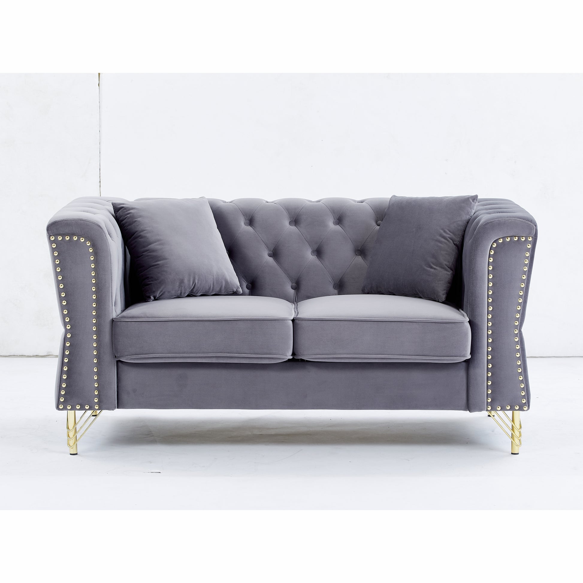 3 Seater 2 Seater Combination Sofa Tufted Couch With Rolled Arms And For Living Room, Bedroom, Office, Apartment, Four Pillows Grey Foam Velvet