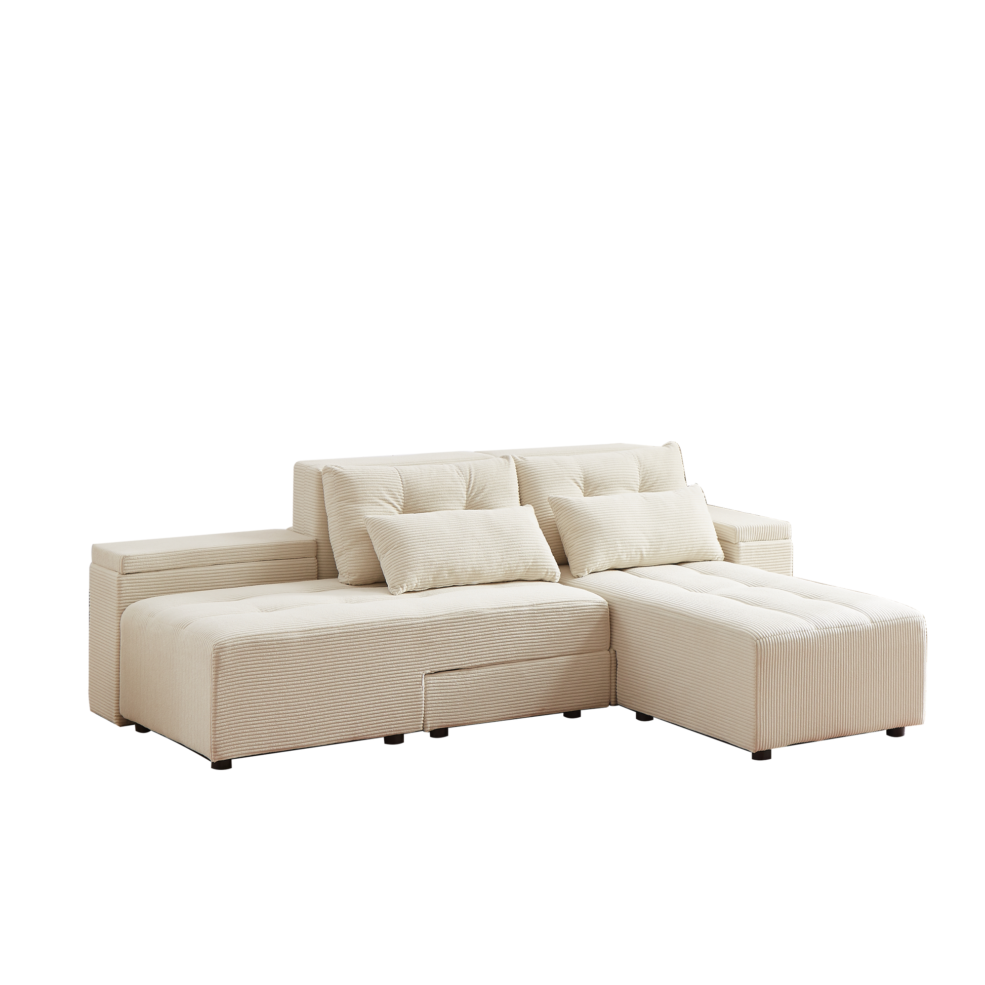 Convertible 3 In 1 Sleeper Sofa And Sectional Sofa With 4 Storage Space For Living Room,Corduroy Couch With 4 Pillows,Corduroy Beige Corduroy 3 Seat