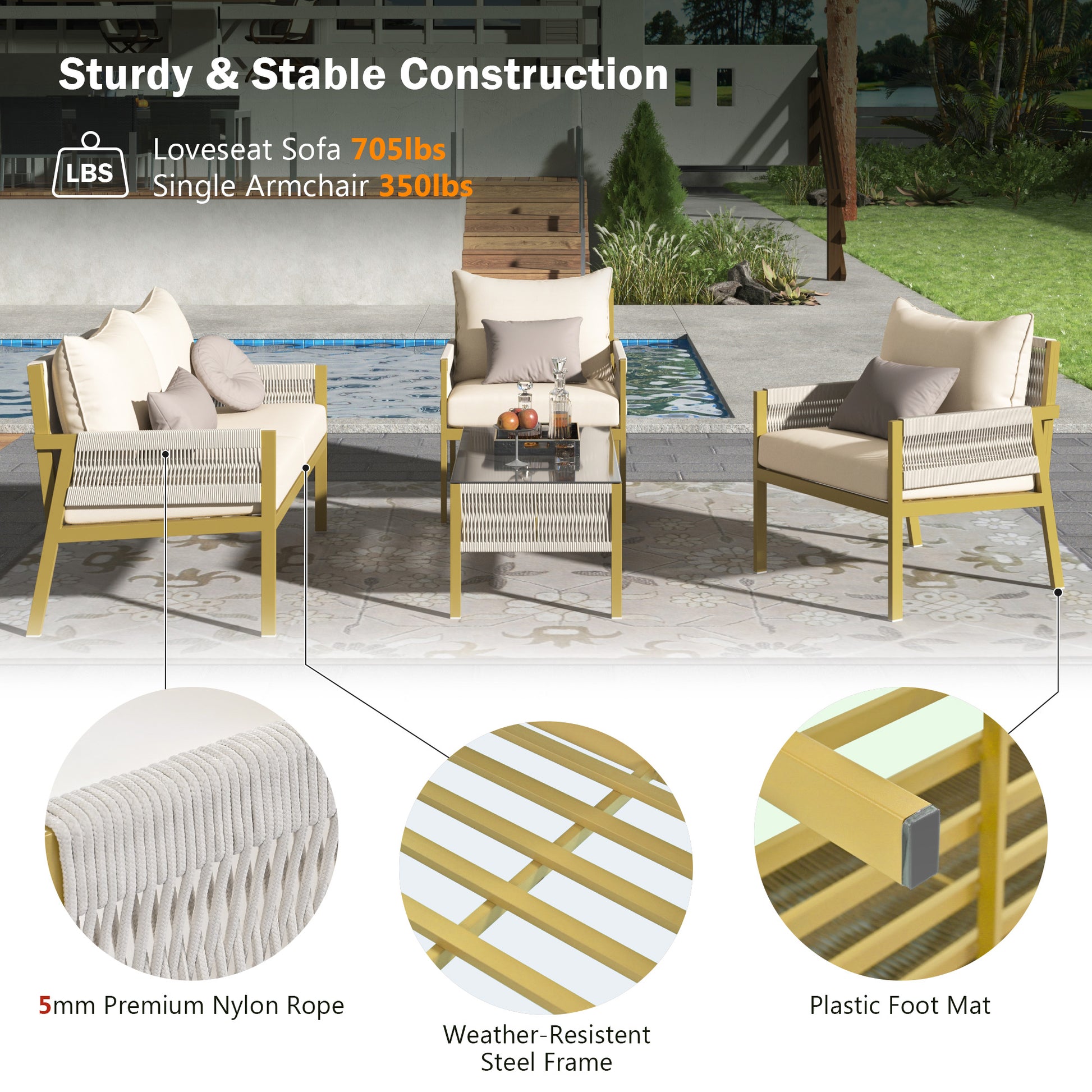 K&K 4 Piece Rope Patio Furniture Set, Outdoor Furniture With Tempered Glass Table, Patio Conversation Set Deep Seating With Thick Cushion For Backyard Porch Balcony Beige&Mustard Yellow Yes Complete Patio Set Beige Yellow Weather Resistant Frame Fade
