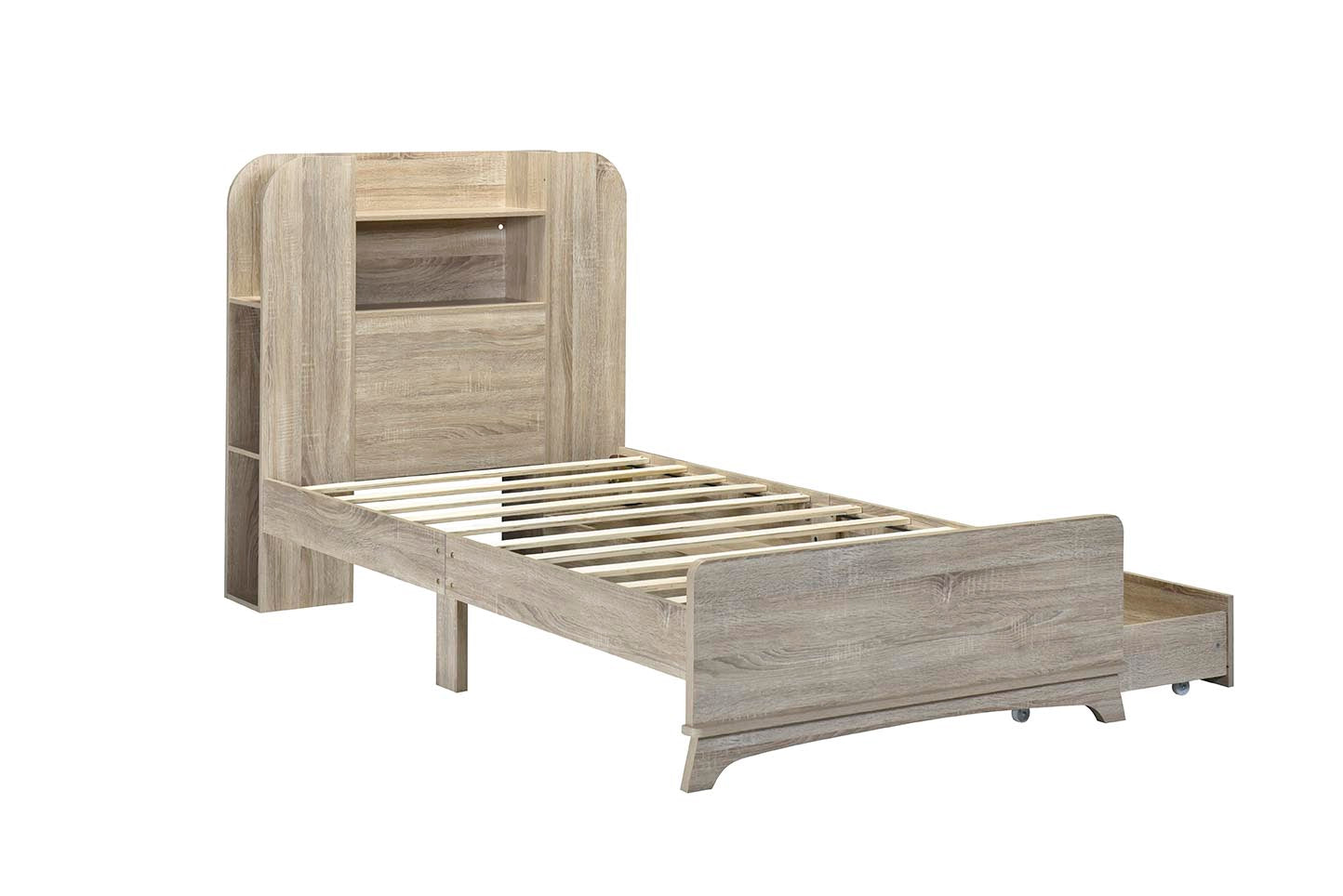 Twin Size Storage Platform Bed Frame With With Two Drawers And Light Strip Design In Headboard,Oak Twin Natural Solid Wood Mdf