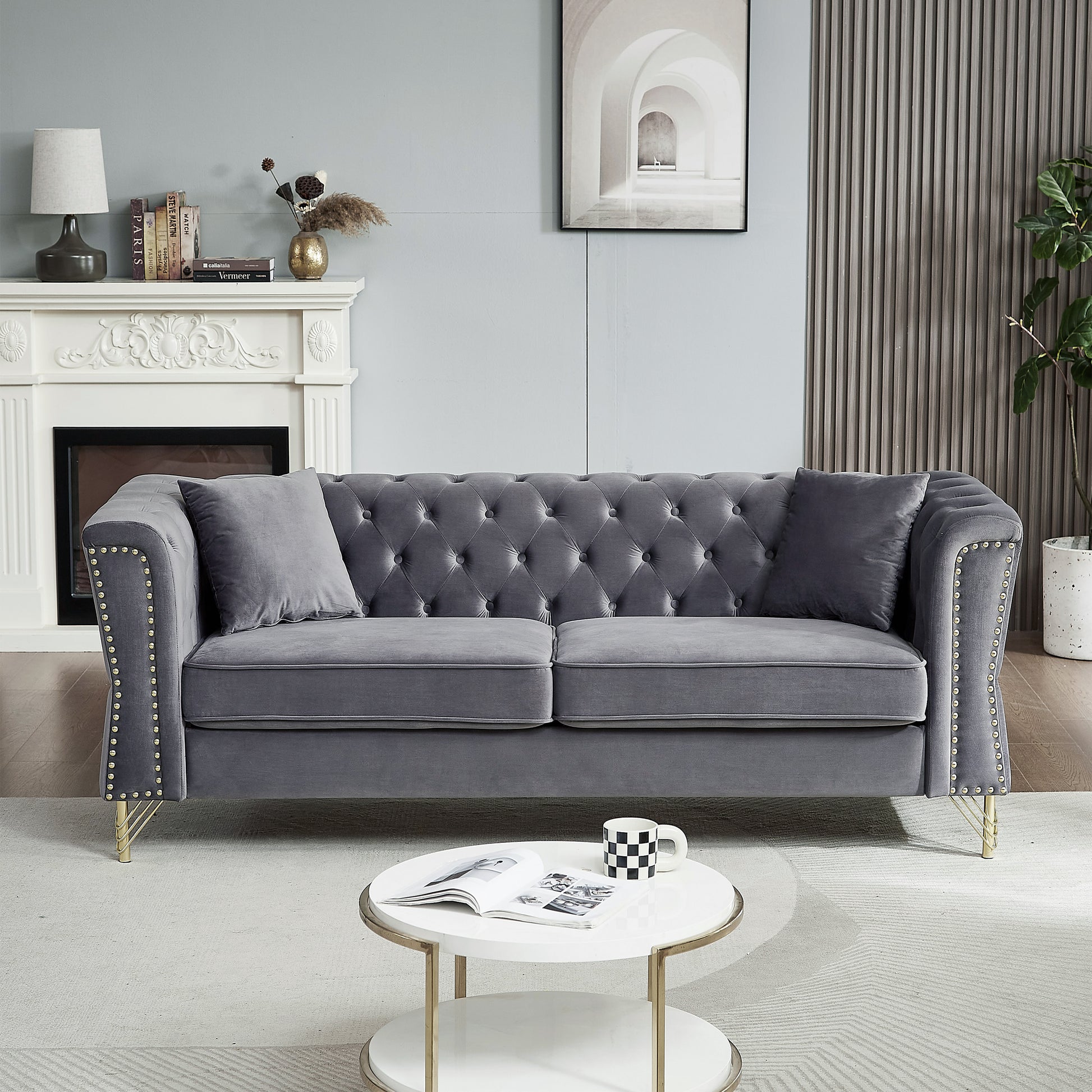 81.8" Chesterfield Sofa Grey Velvet For Living Room, 3 Seater Sofa Tufted Couch With Metal Foot And For Living Room, Bedroom, Office, Apartment, Two Pillows Grey Foam Velvet