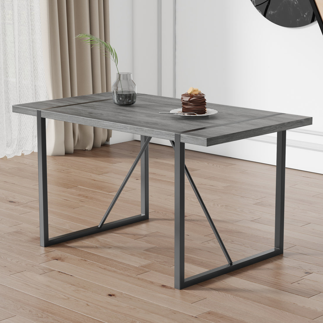Industrial Rectangular Mdf Material Gray Dining Table With Texture, Equipped With A 1.57 Inch Thick Tabletop And Black Metal Legs, Used For Writing Desks, Kitchen Terraces, Dining Rooms 1529 Grey Mdf