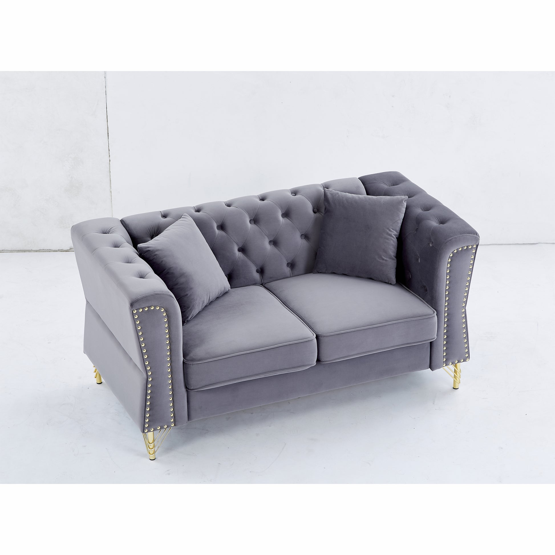 3 Seater 2 Seater Combination Sofa Tufted Couch With Rolled Arms And For Living Room, Bedroom, Office, Apartment, Four Pillows Grey Foam Velvet