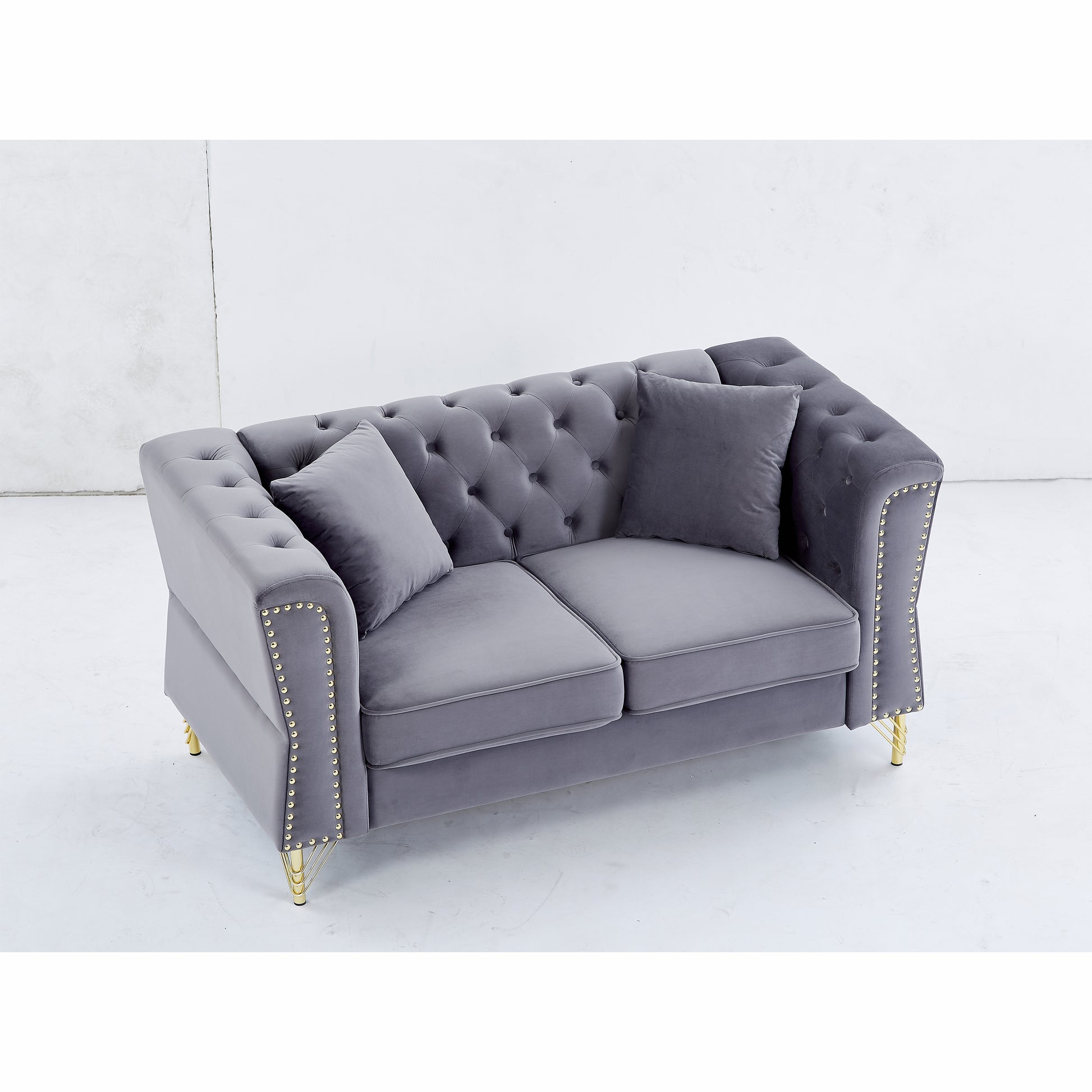60.2" Chesterfield Sofa Beige Velvet For Living Room, 2 Seater Sofa Tufted Couch With Metal Foot And For Living Room, Bedroom, Office, Apartment, Two Pillows Grey Foam Velvet