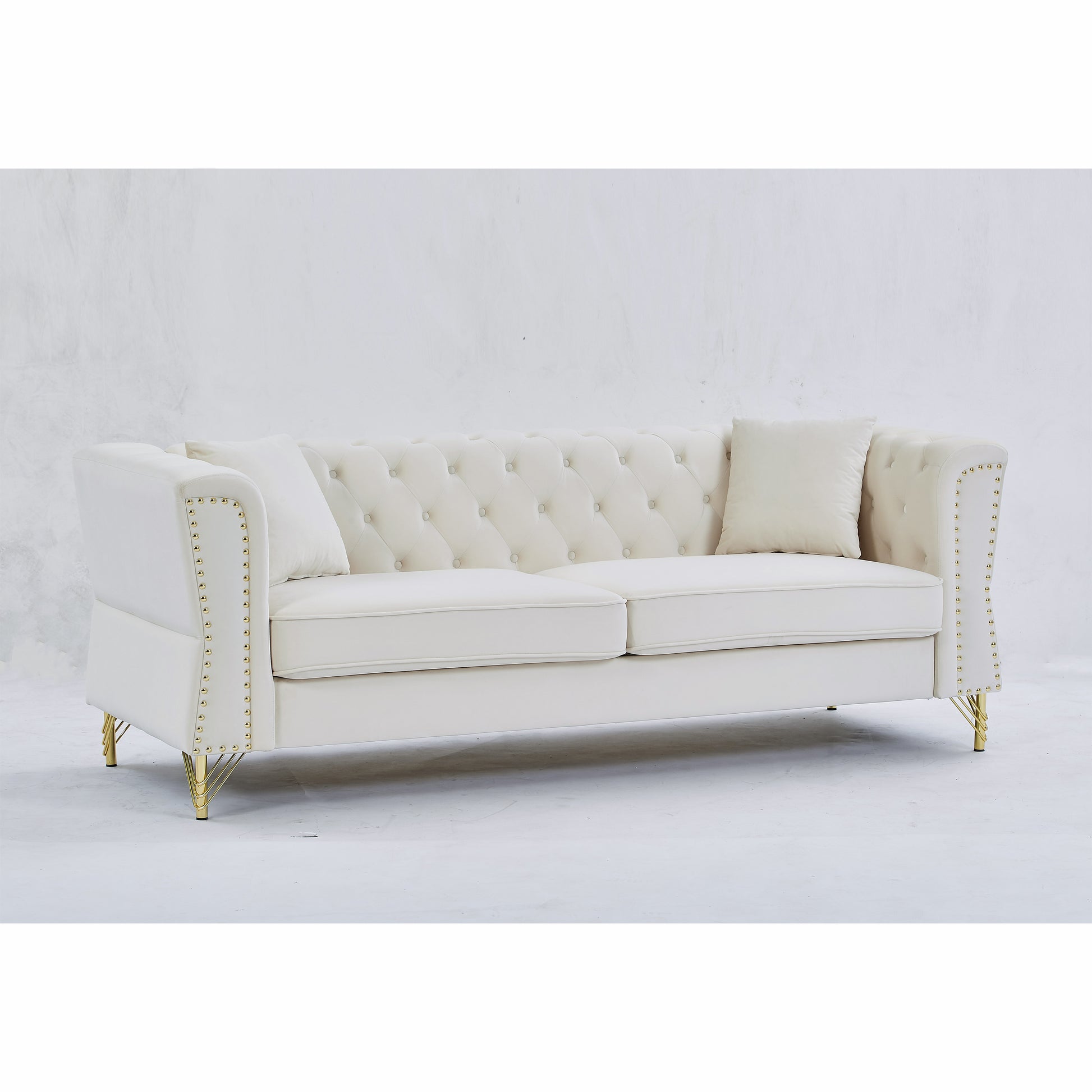 81.8" Chesterfield Sofa Grey Velvet For Living Room, 3 Seater Sofa Tufted Couch With Metal Foot And For Living Room, Bedroom, Office, Apartment, Two Pillows Beige Foam Velvet