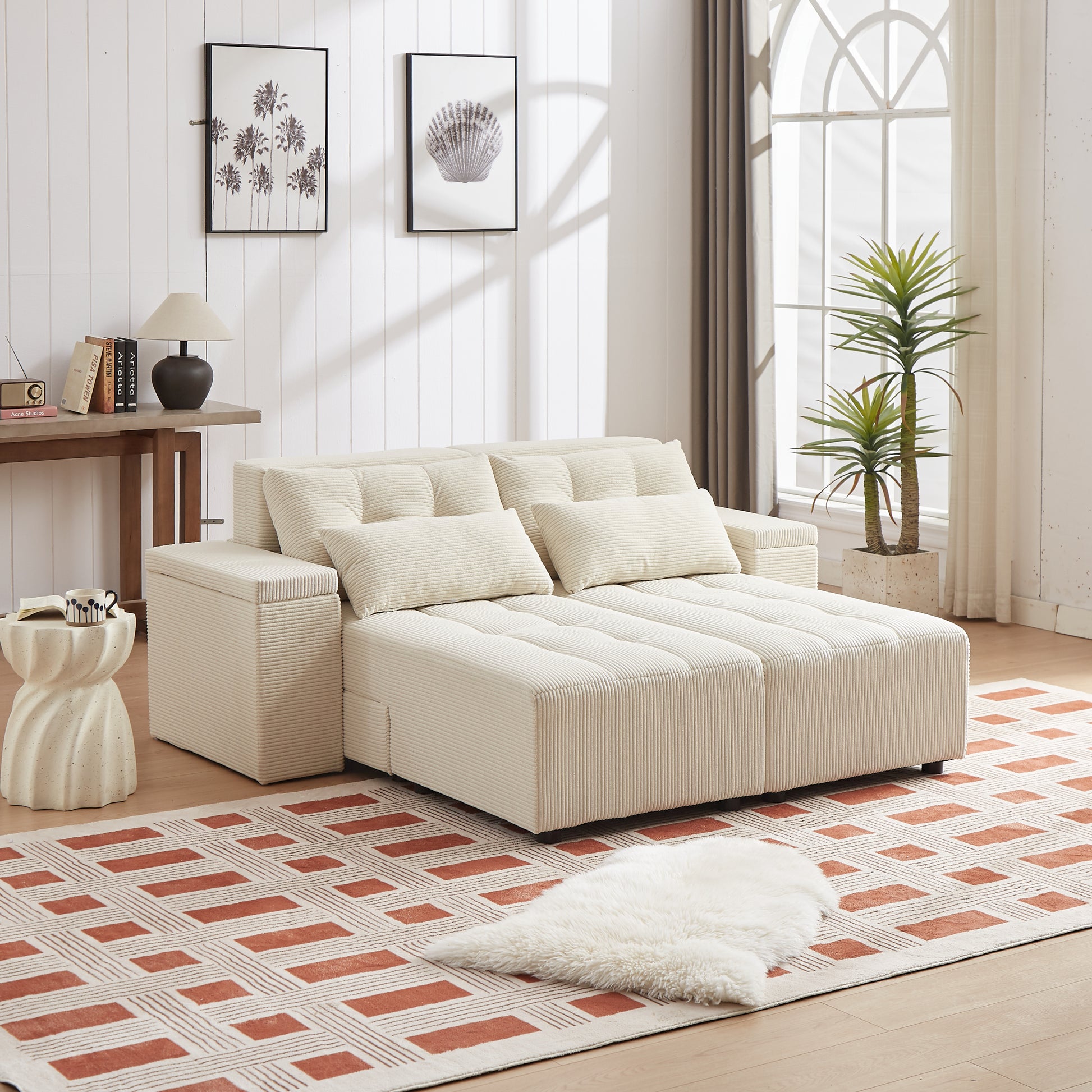 Convertible 3 In 1 Sleeper Sofa And Sectional Sofa With 4 Storage Space For Living Room,Corduroy Couch With 4 Pillows,Corduroy Beige Corduroy 3 Seat