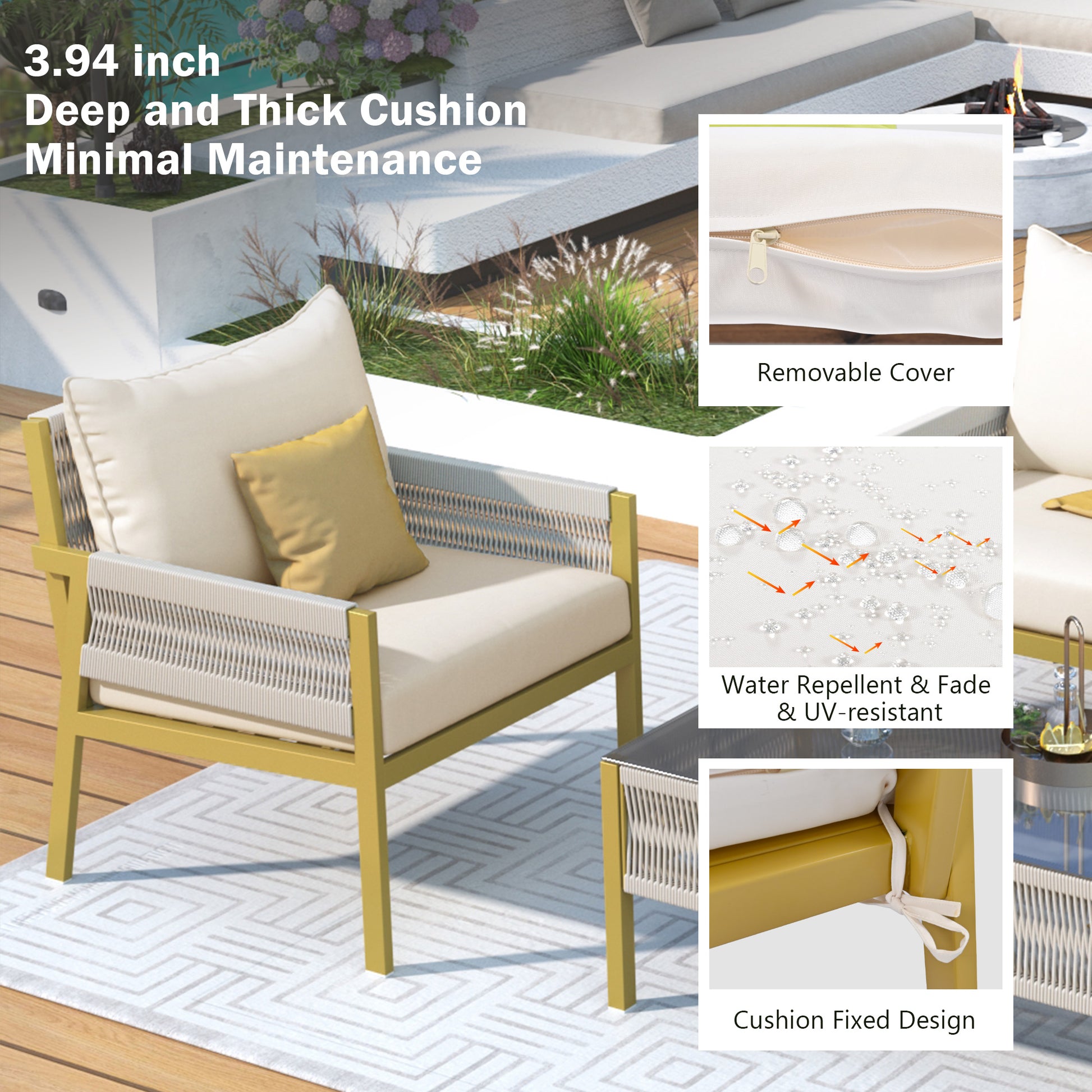K&K 4 Piece Rope Patio Furniture Set, Outdoor Furniture With Tempered Glass Table, Patio Conversation Set Deep Seating With Thick Cushion For Backyard Porch Balcony Beige&Mustard Yellow Yes Complete Patio Set Beige Yellow Weather Resistant Frame Fade
