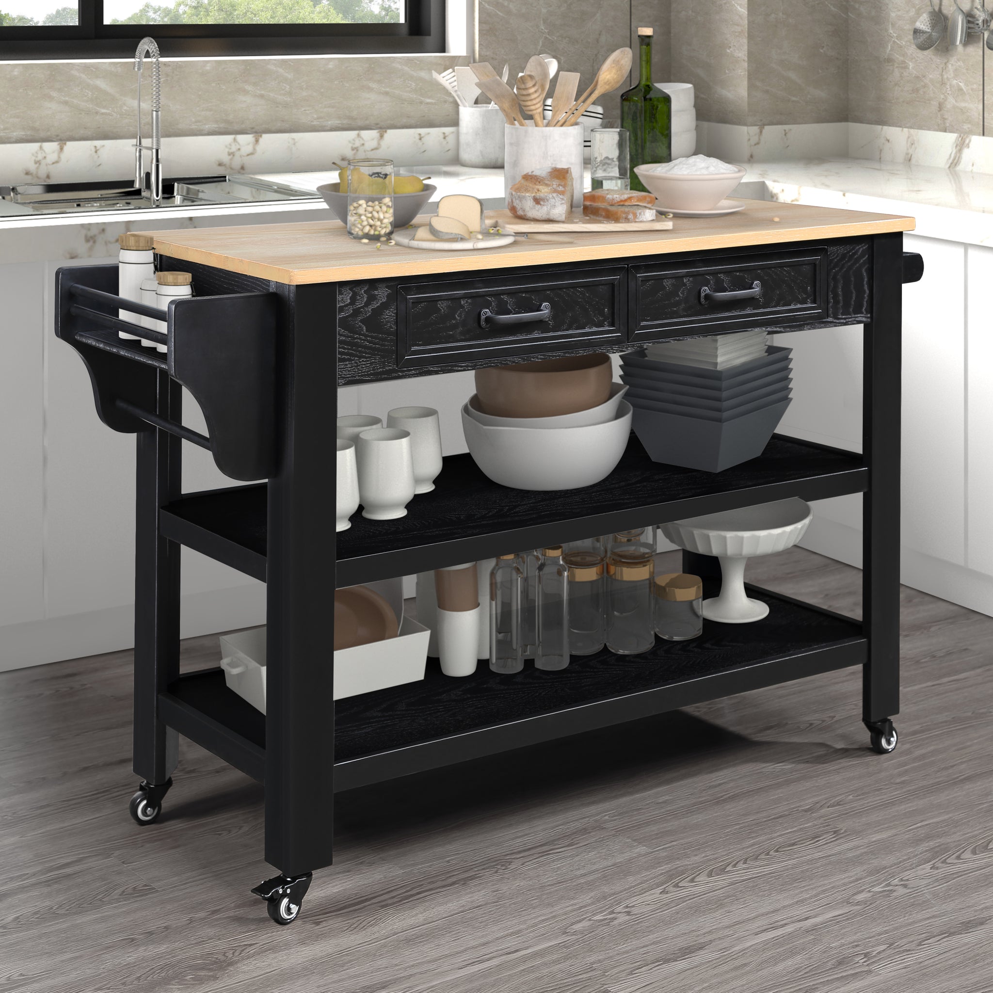 57 Inch Rolling Kitchen Island With Storage,Kitchen Cart With Solid Oak Wood Top,Two Sided Kitchen Island Cart On Wheelswine And Spice Rack, Large Kitchen Cart With 2 Drawers, Black Natural Top Black Natural Dining Room American Design Rectangular