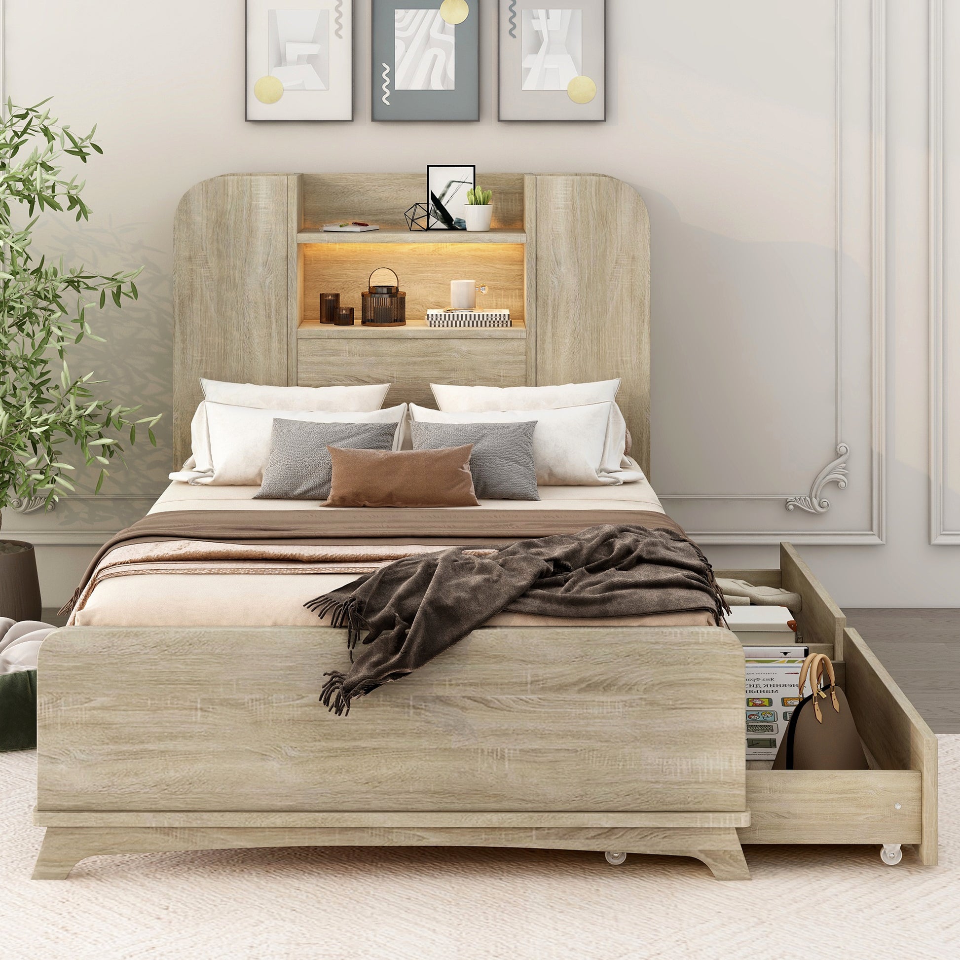 Twin Size Storage Platform Bed Frame With With Two Drawers And Light Strip Design In Headboard,Oak Twin Natural Solid Wood Mdf