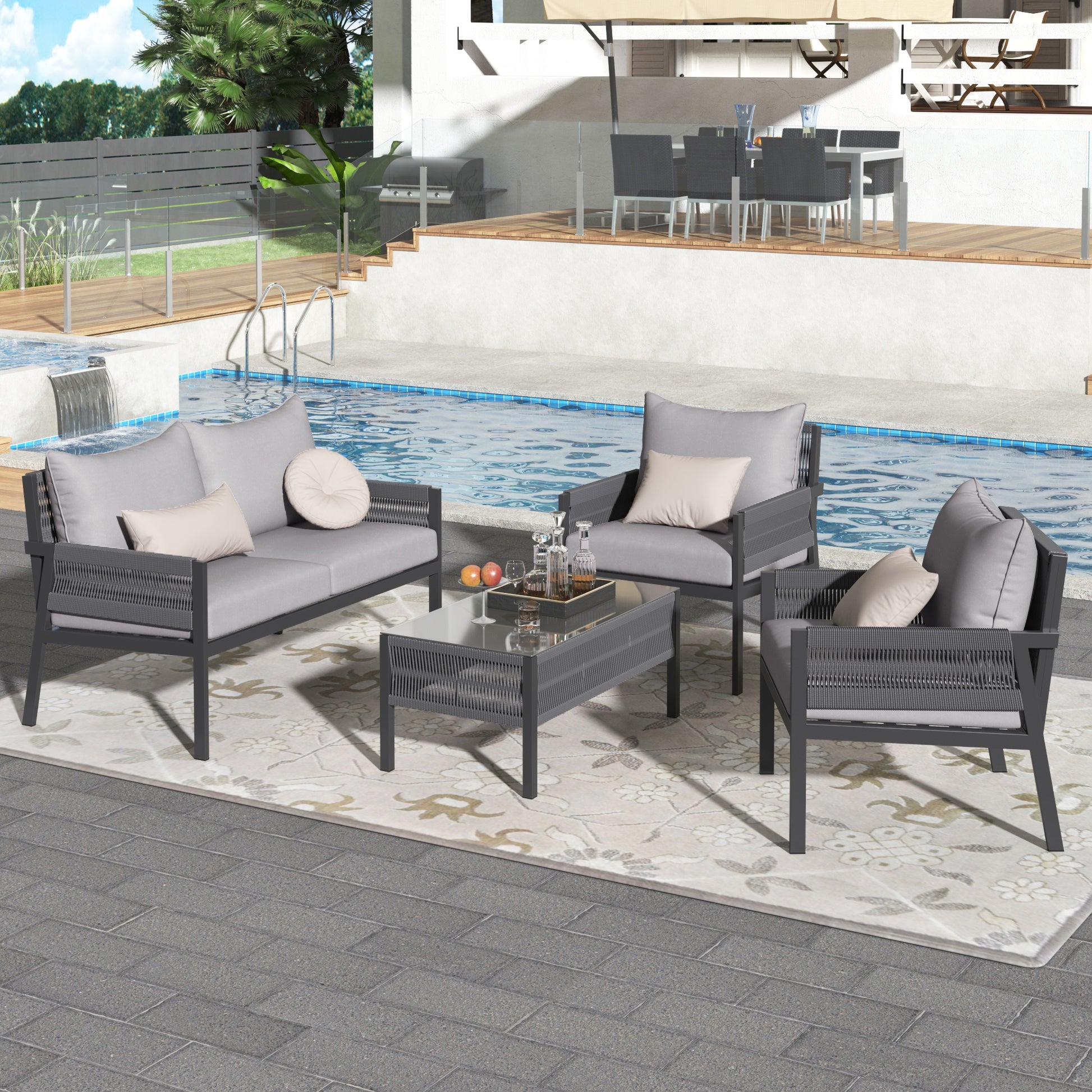K&K 4 Piece Rope Patio Furniture Set, Outdoor Furniture With Tempered Glass Table, Patio Conversation Set Deep Seating With Thick Cushion For Backyard Porch Balcony Grey Yes Complete Patio Set Grey Weather Resistant Frame Fade Resistant Cushion Garden &