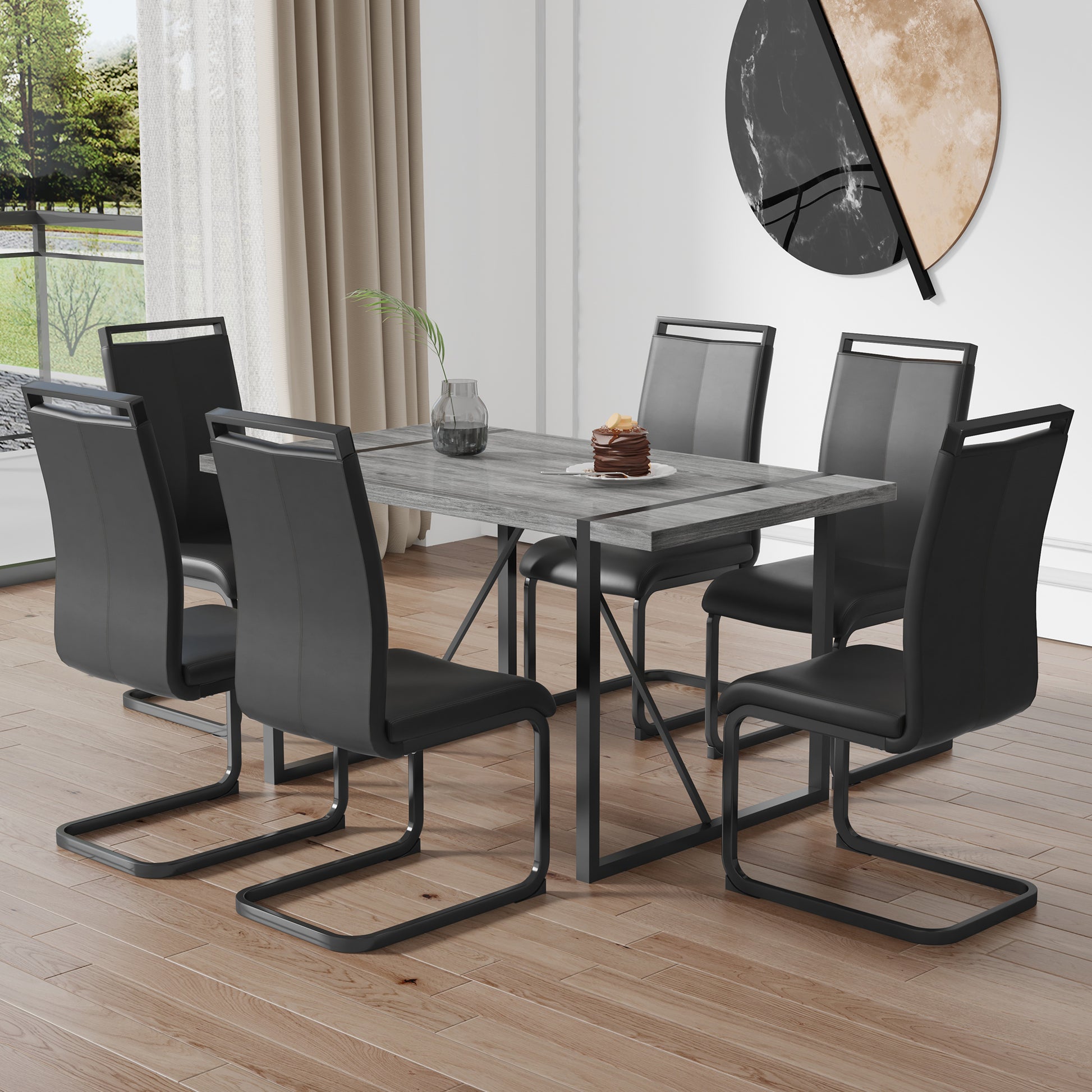 Industrial Rectangular Mdf Material Gray Dining Table With Texture, Equipped With A 1.57 Inch Thick Tabletop And Black Metal Legs, Used For Writing Desks, Kitchen Terraces, Dining Rooms 1529 Grey Mdf