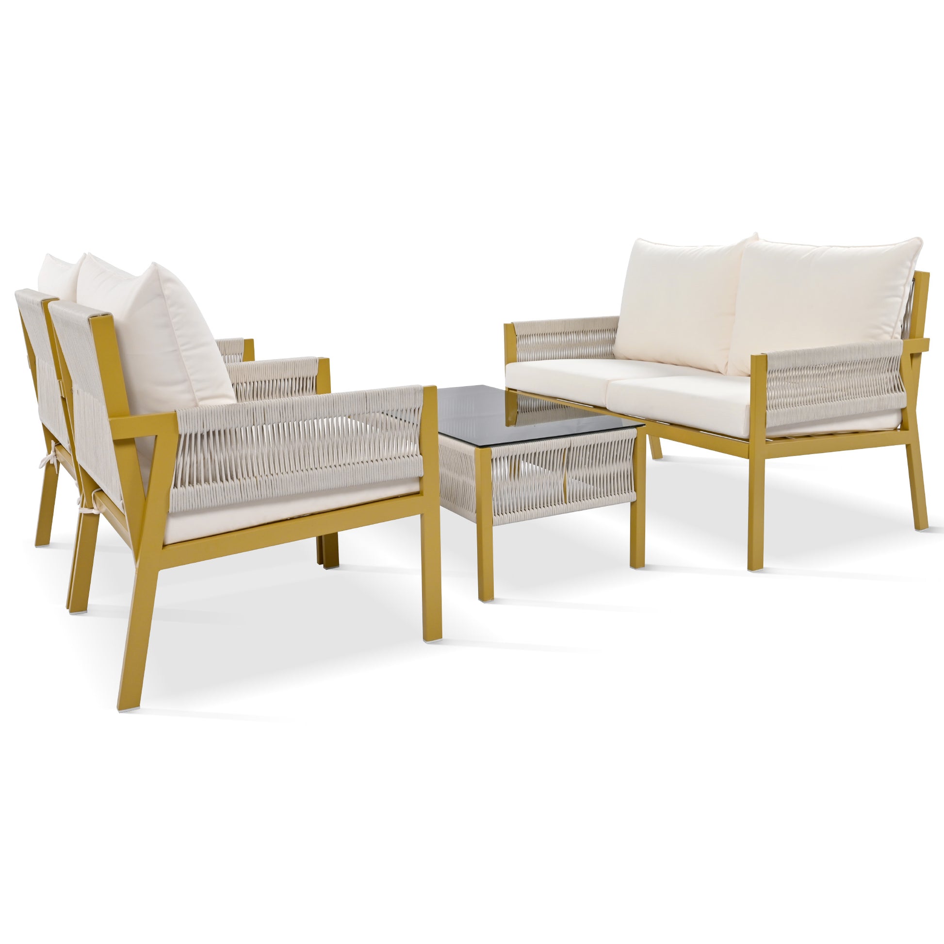 K&K 4 Piece Rope Patio Furniture Set, Outdoor Furniture With Tempered Glass Table, Patio Conversation Set Deep Seating With Thick Cushion For Backyard Porch Balcony Beige&Mustard Yellow Yes Complete Patio Set Beige Yellow Weather Resistant Frame Fade