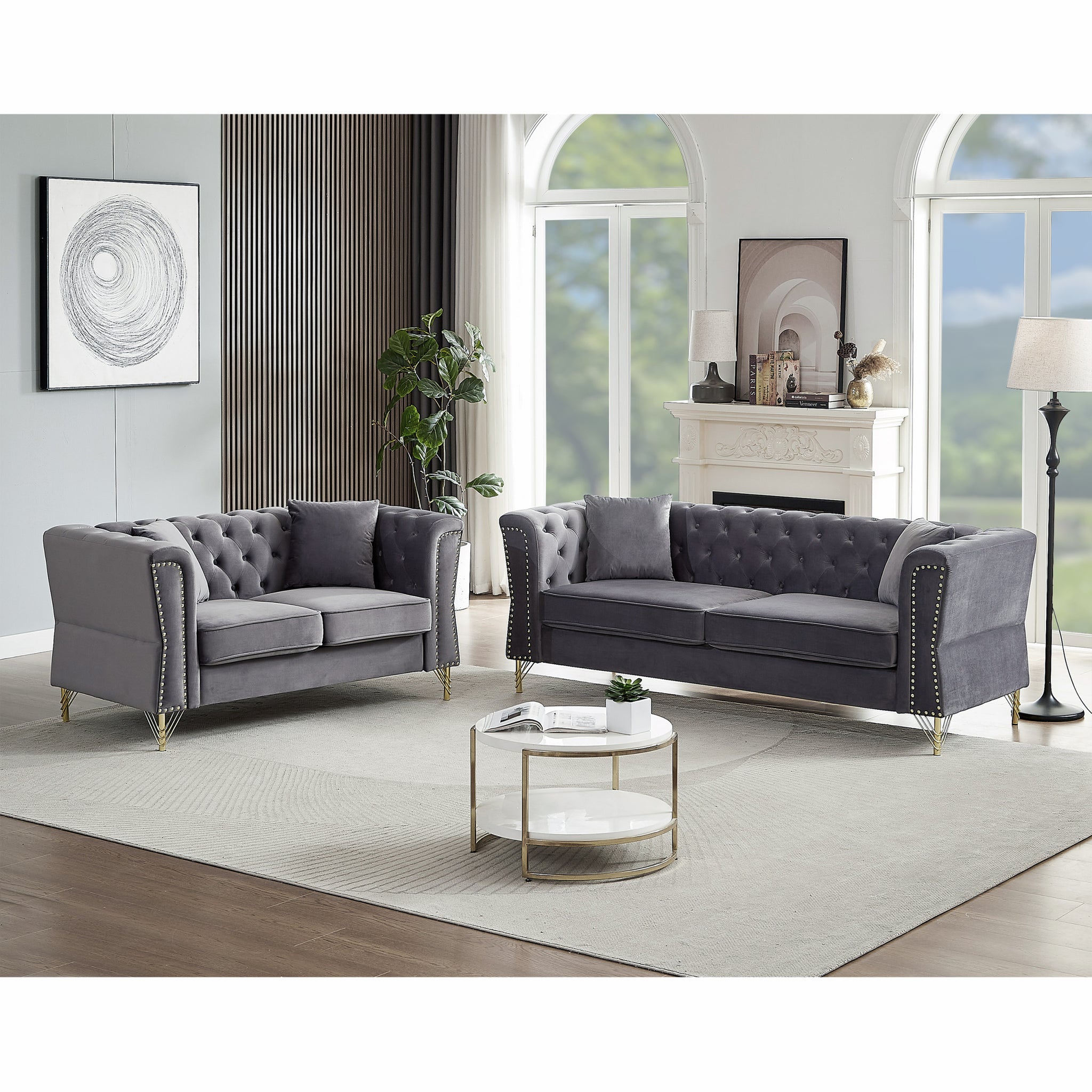 3 Seater 2 Seater Combination Sofa Tufted Couch With Rolled Arms And For Living Room, Bedroom, Office, Apartment, Four Pillows Grey Foam Velvet