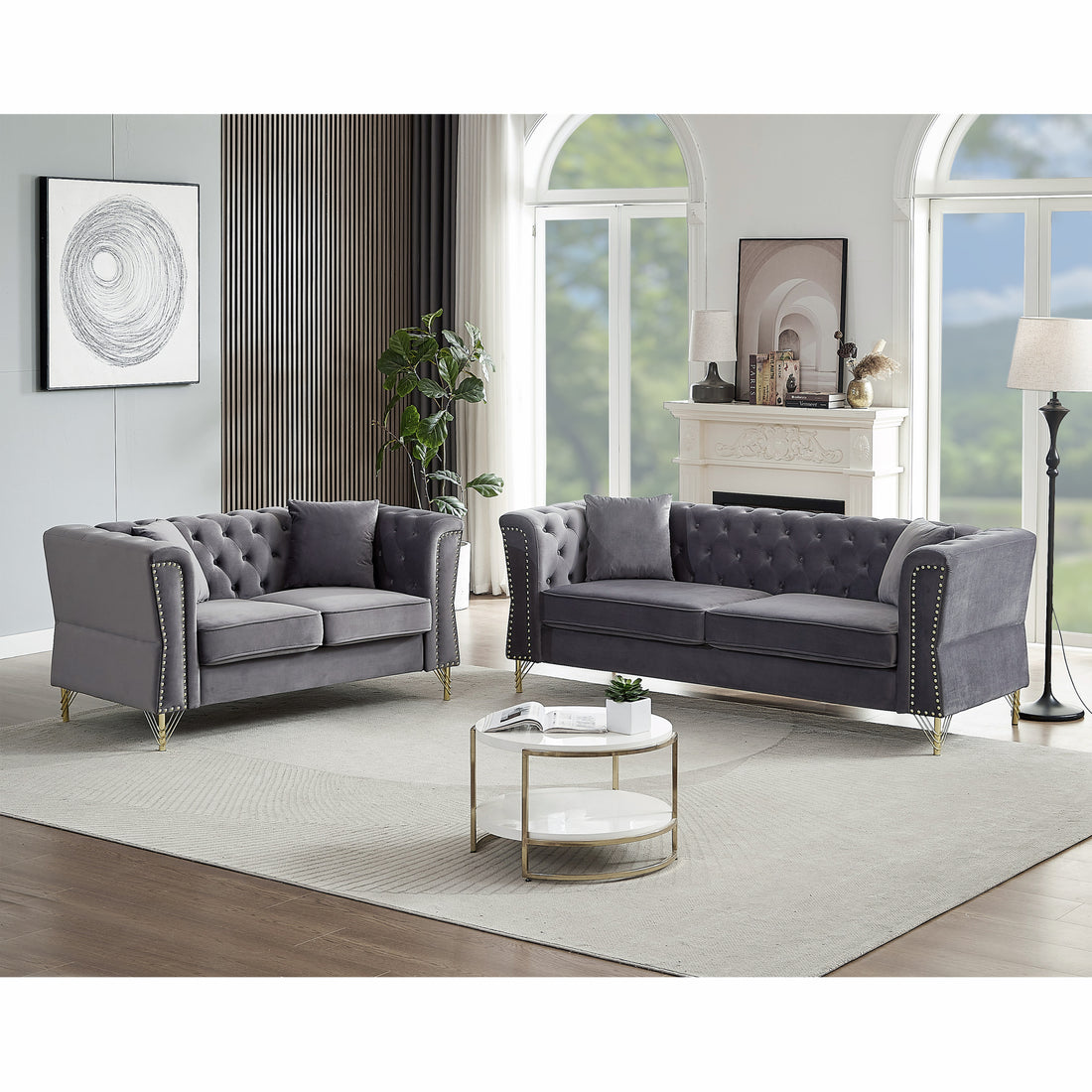 3 Seater 2 Seater Combination Sofa Tufted Couch With Rolled Arms And For Living Room, Bedroom, Office, Apartment, Four Pillows Grey Foam Velvet