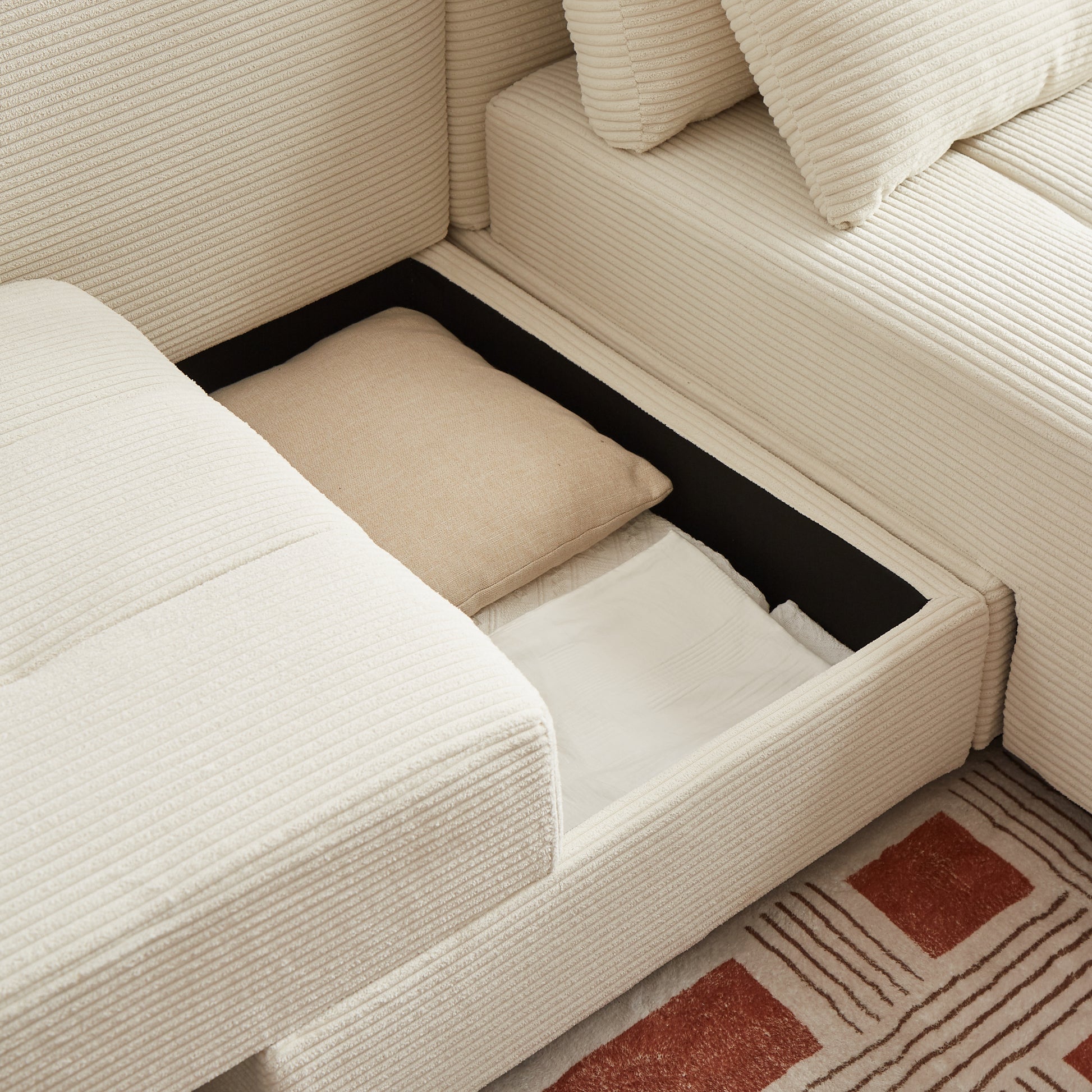 Convertible 3 In 1 Sleeper Sofa And Sectional Sofa With 4 Storage Space For Living Room,Corduroy Couch With 4 Pillows,Corduroy Beige Corduroy 3 Seat