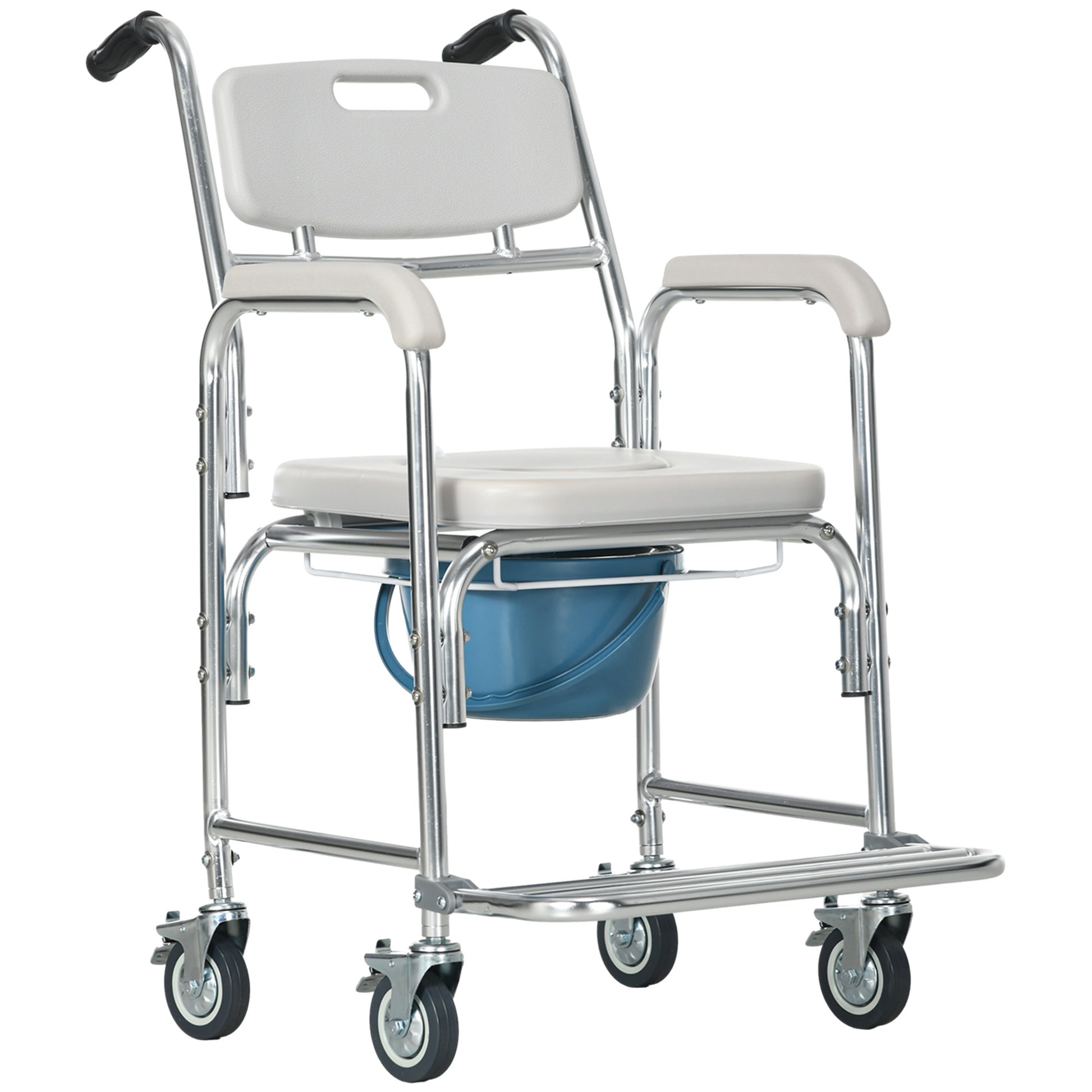 Homcom 3 In 1 Shower Commode Wheelchair, Transport Beside Commode Chair, Waterproof Rolling Over Toilet Chair 330 Lbs. Weight Capacity With Padded Seat, Gray Gray Aluminum
