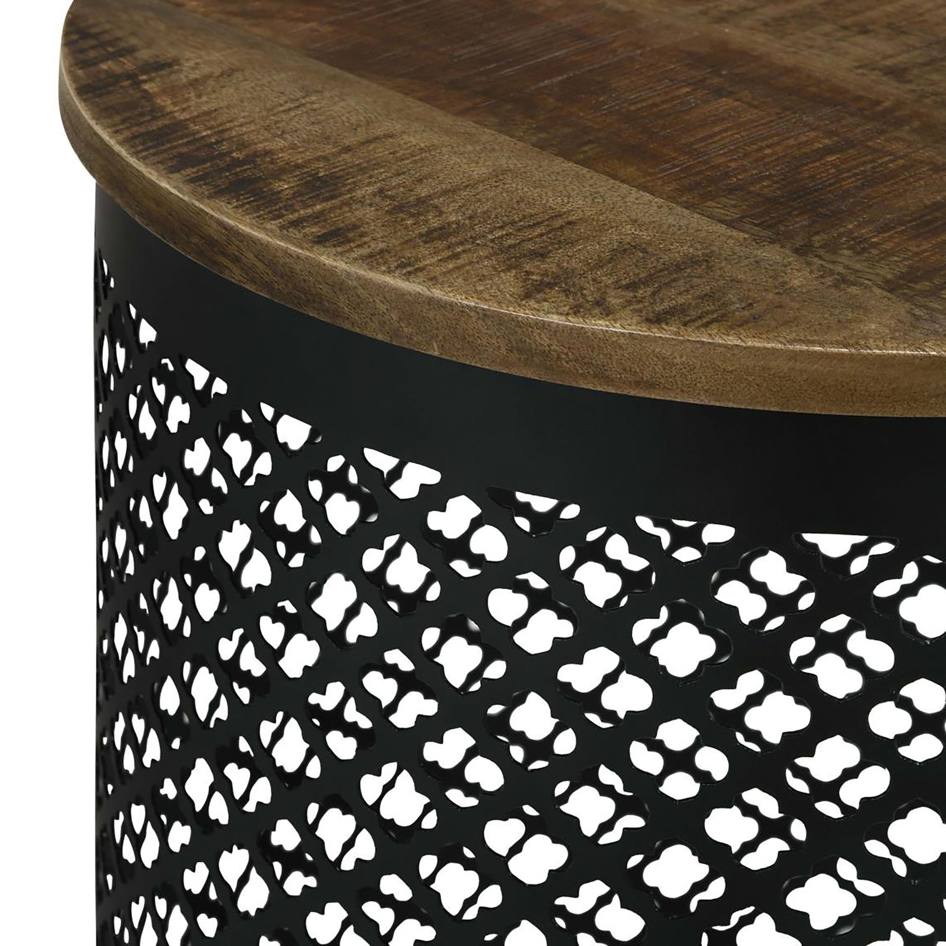 Natural And Black Drum Base Accent Table Brown Primary Living Space Industrial Tabeltop Mango Round Coffee & End Tables Wood