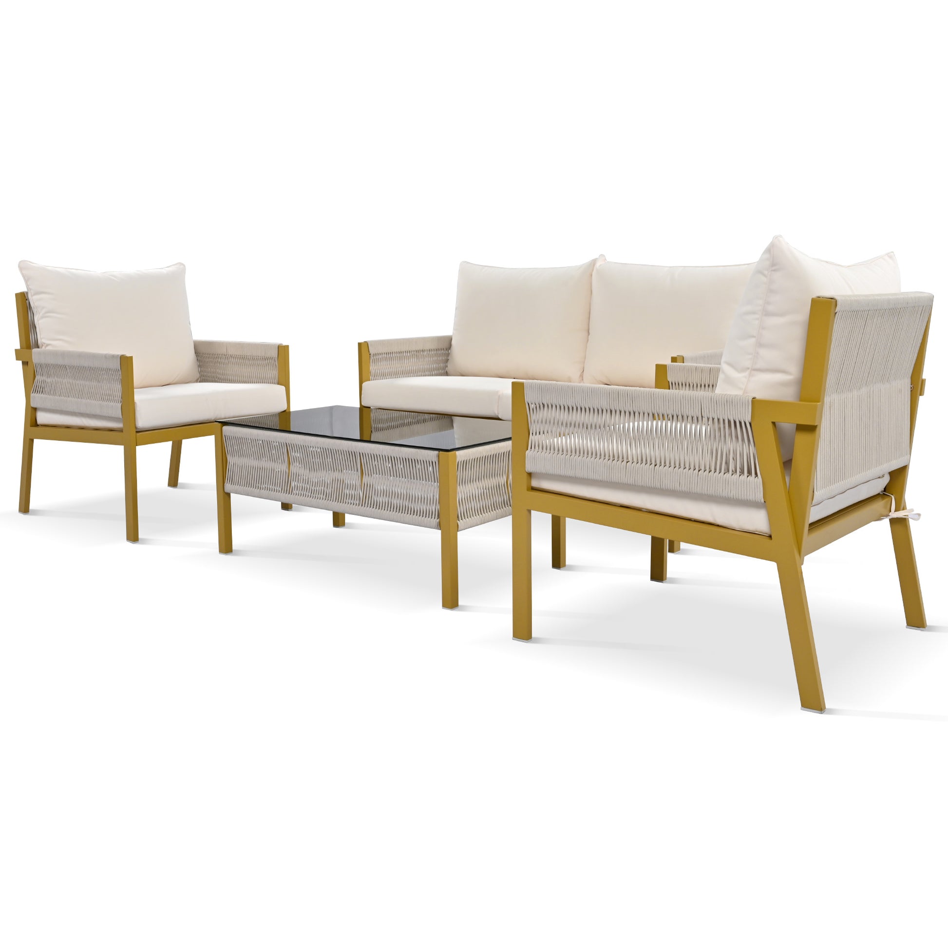 K&K 4 Piece Rope Patio Furniture Set, Outdoor Furniture With Tempered Glass Table, Patio Conversation Set Deep Seating With Thick Cushion For Backyard Porch Balcony Beige&Mustard Yellow Yes Complete Patio Set Beige Yellow Weather Resistant Frame Fade