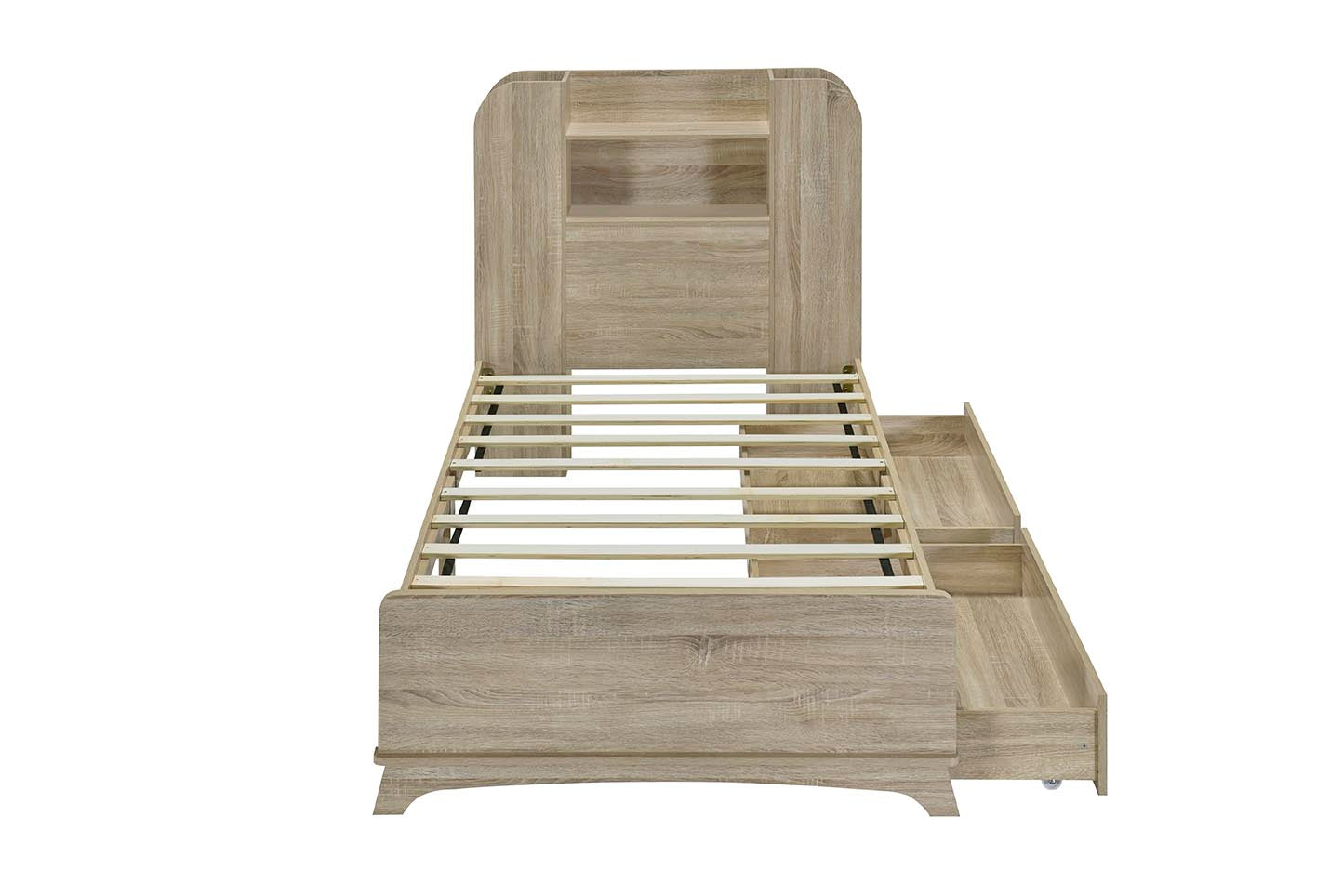 Twin Size Storage Platform Bed Frame With With Two Drawers And Light Strip Design In Headboard,Oak Twin Natural Solid Wood Mdf