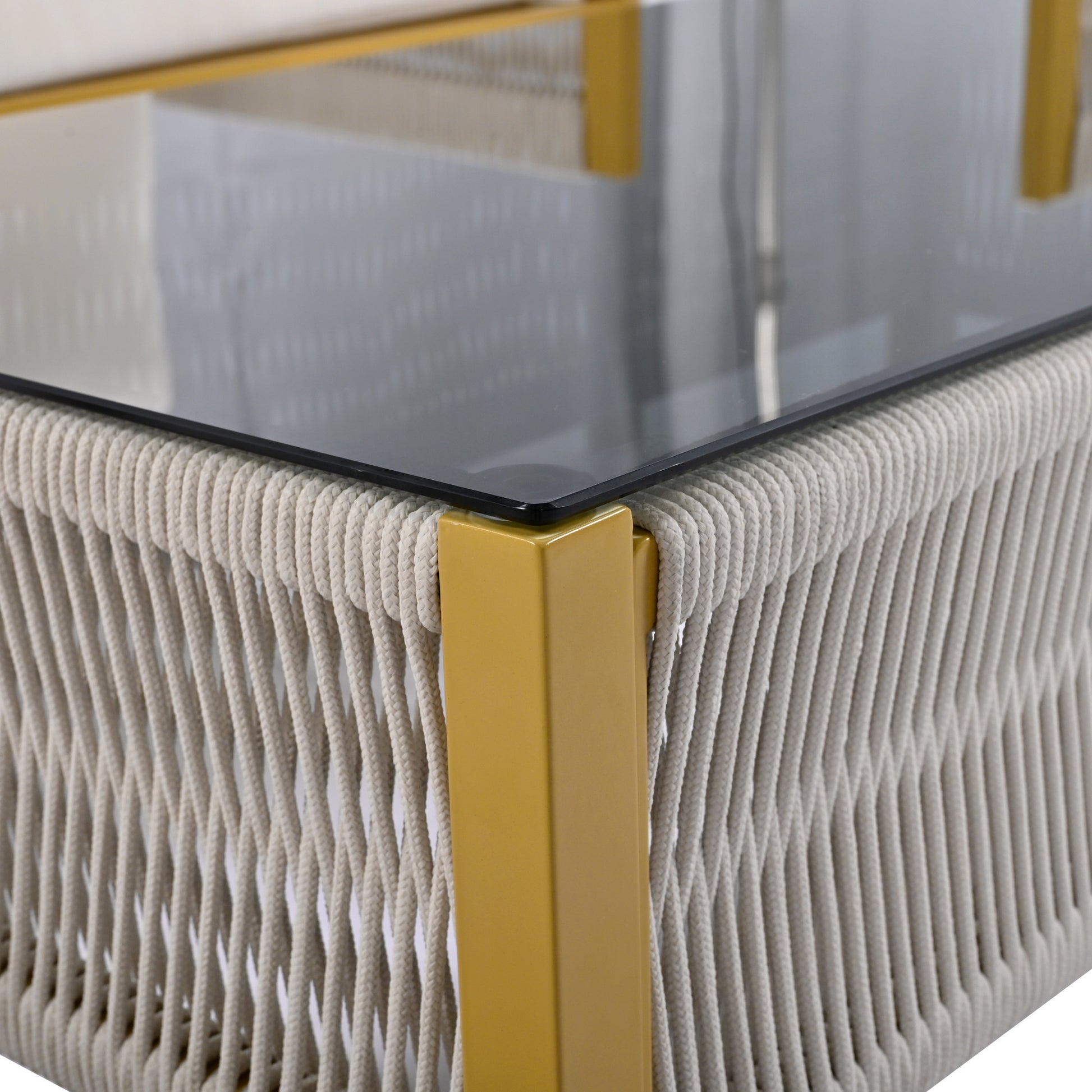 K&K 4 Piece Rope Patio Furniture Set, Outdoor Furniture With Tempered Glass Table, Patio Conversation Set Deep Seating With Thick Cushion For Backyard Porch Balcony Beige&Mustard Yellow Yes Complete Patio Set Beige Yellow Weather Resistant Frame Fade