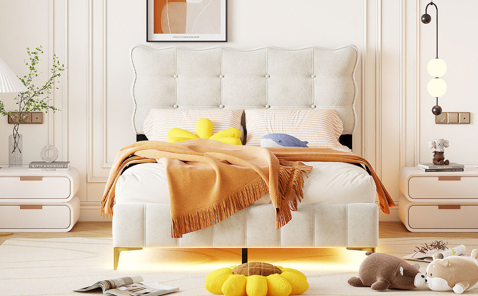 Full Size Velvet Platform Bed With Led Frame And Stylish Mental Bed Legs, Beige Beige Velvet