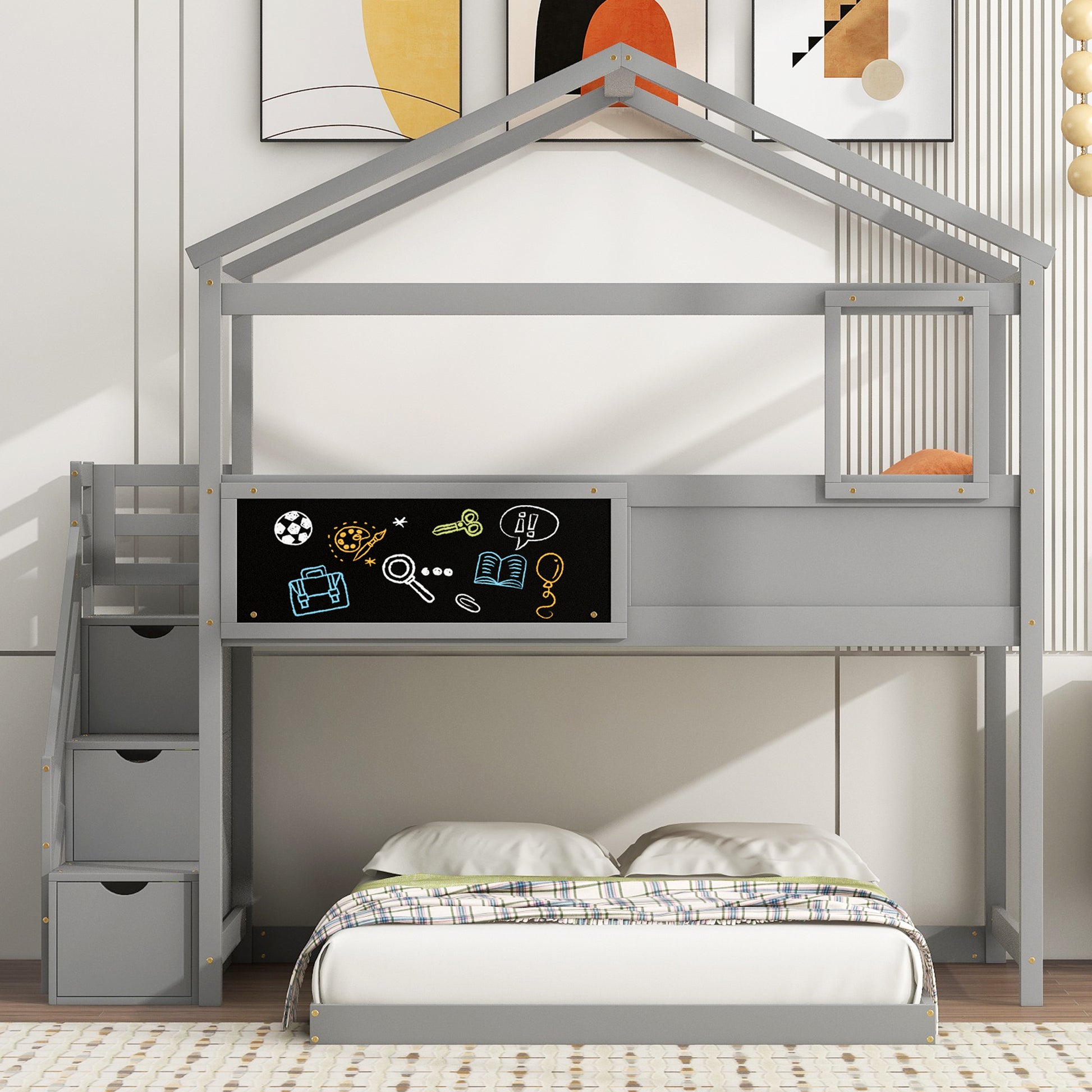 Twin Over Full House Bunk Bed With Storage Staircase And Blackboard,Gray Old Sku: Gx001701Aae Box Spring Not Required Gray Wood Bedroom Bunk Pine